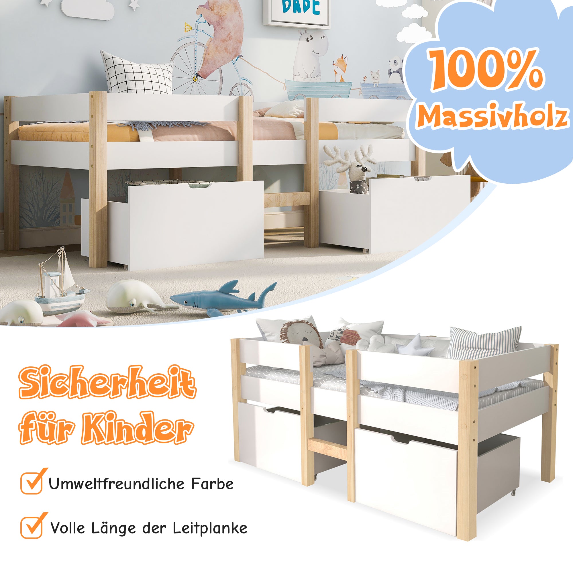 Children's Bed with Drawer and Fall Protection, 90x200 cm, Solid Pine Wood White & Oak