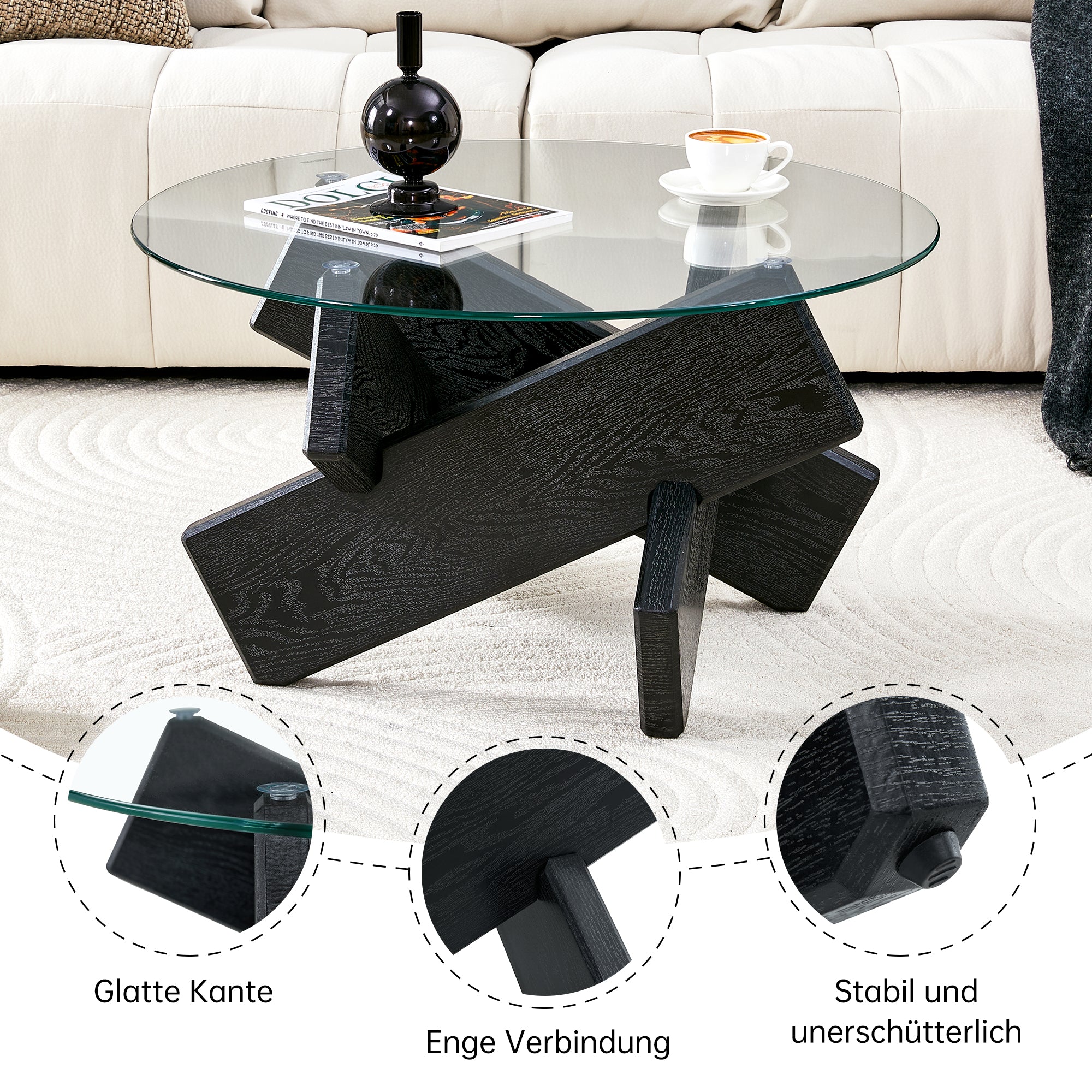 Round Coffee Table 79cm - Tempered Glass Top, Black Wood Grain Legs - MDF/Glass