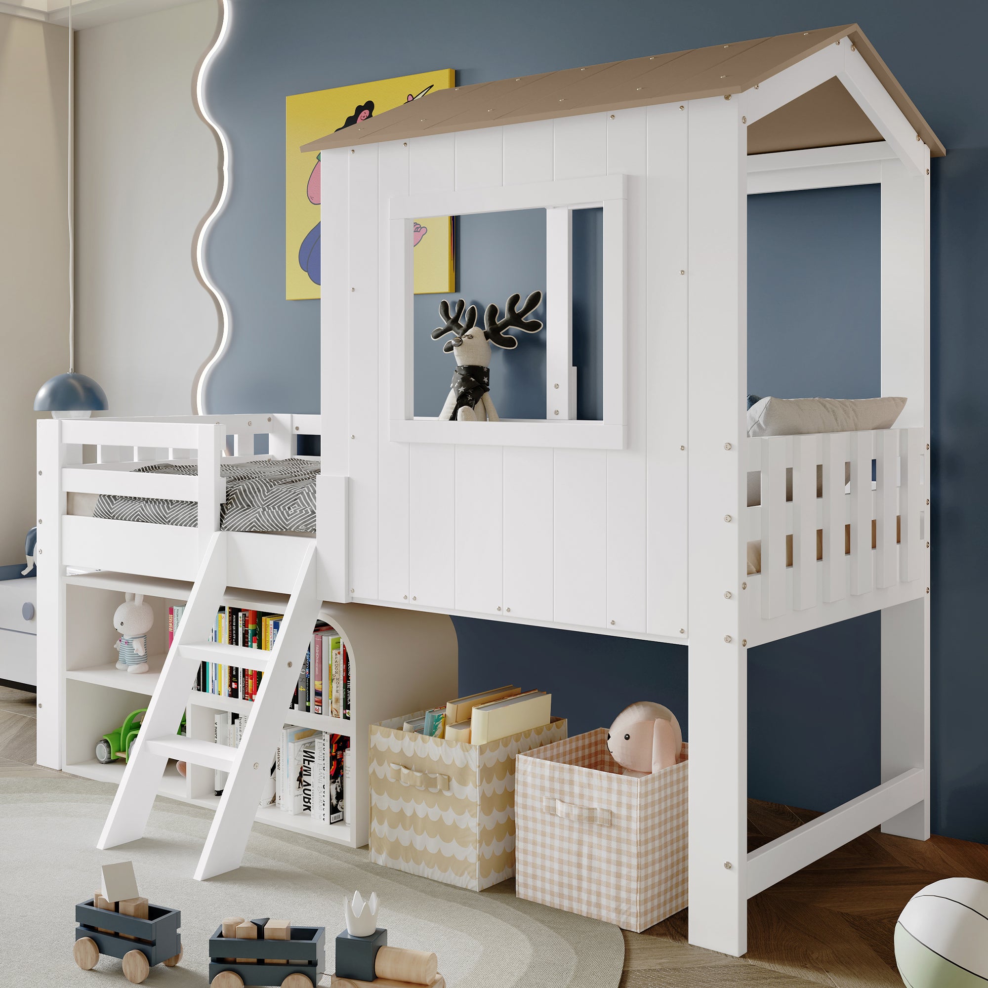 Children's Bed, Half-Height House Bed with Roof, Window & Stairs, White & Natural Wood