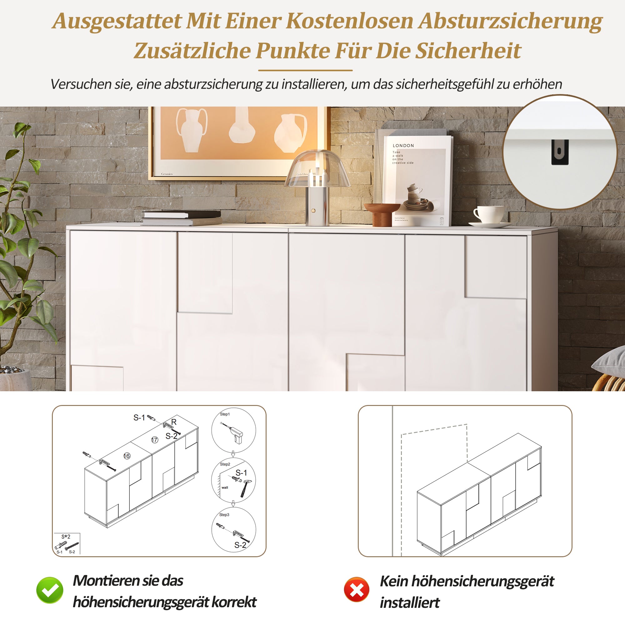 Living Room Sideboard, 4-Door High-Gloss Cabinet with Ample Storage, White and Black