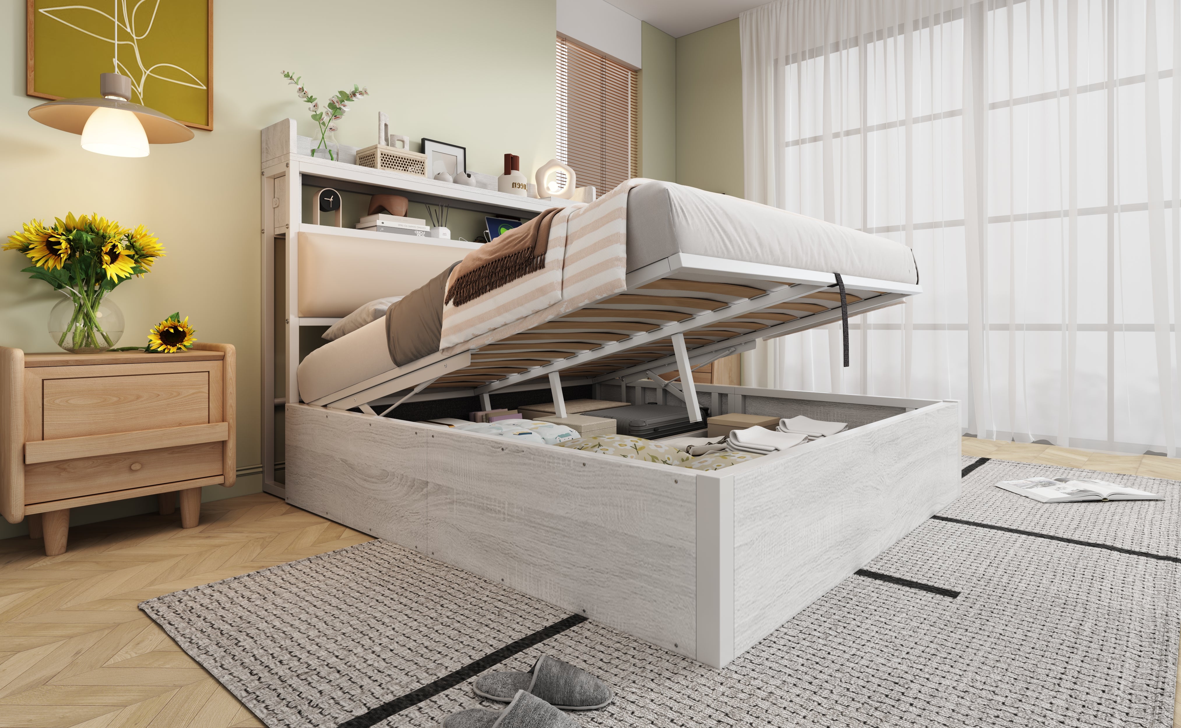 Bed Frame 140x200, Hydraulic Lift, USB, Upholstered Headboard, Wood & Metal, White