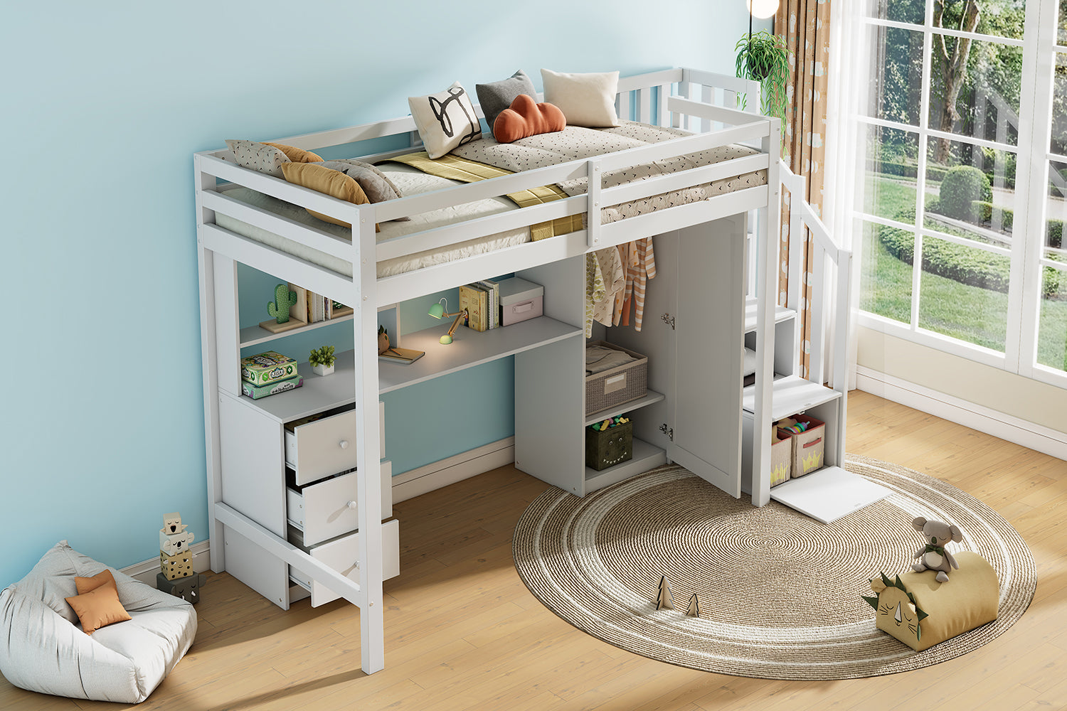 Bunk Bed with Desk, Wardrobe, Stairs, and Drawers, 90x200cm White