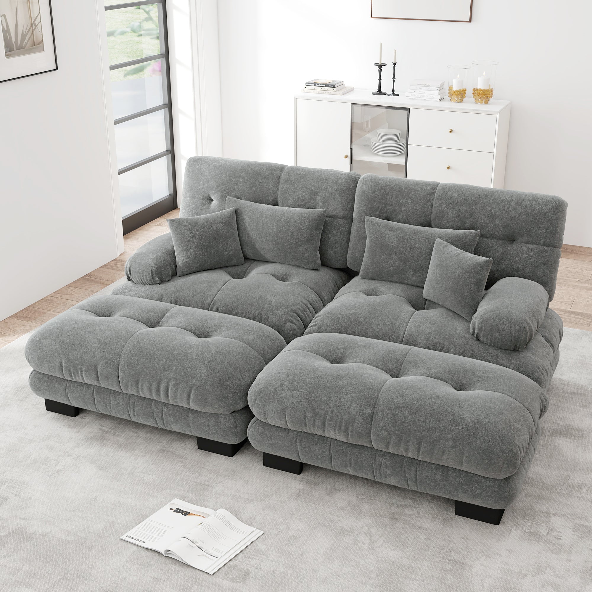Cloud Corner Sofa, Double with Lumbar & Decorative Pillows, Wide Armrests & 2 Ottomans, Chenille Grey
