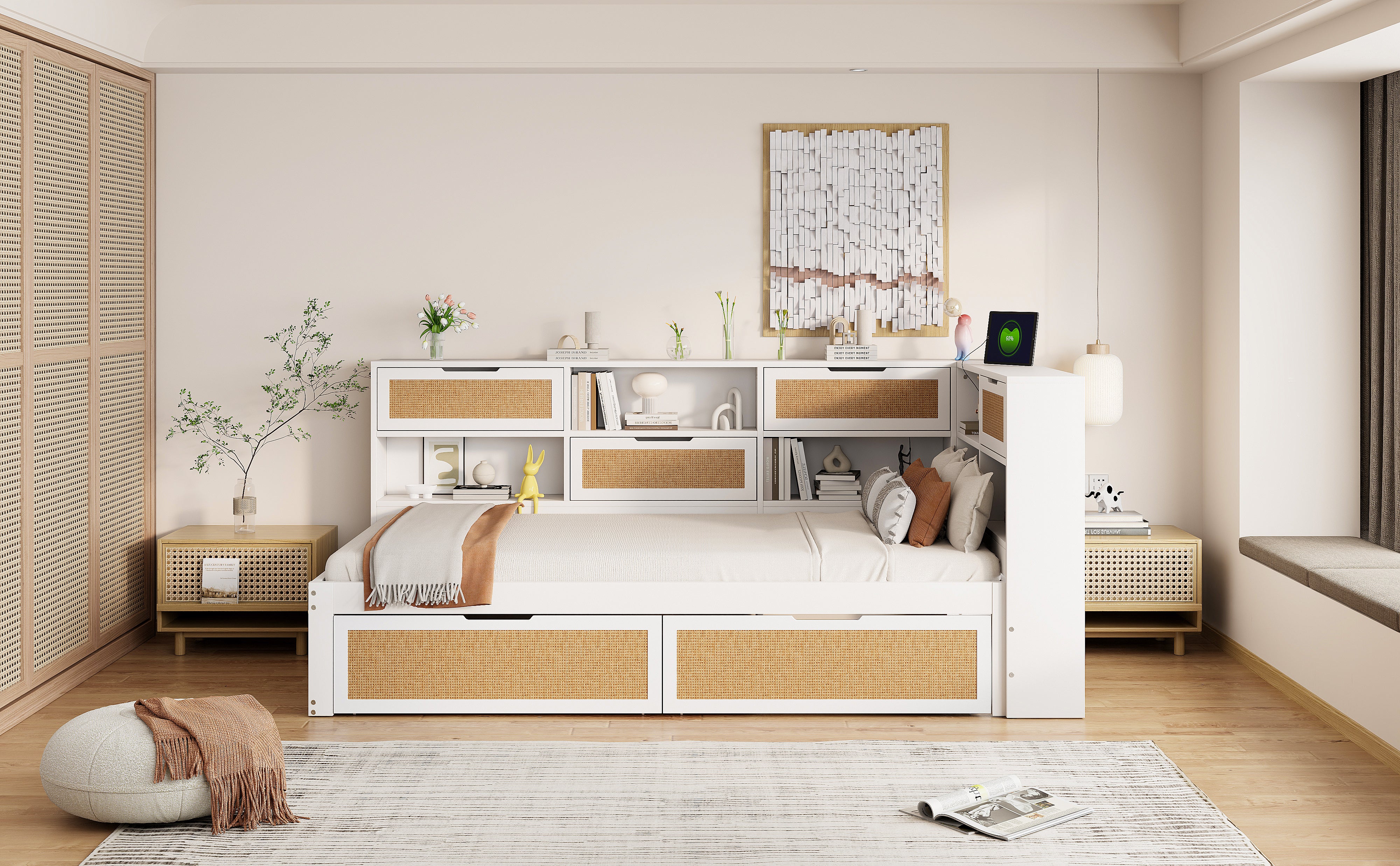 Sofa Bed, 90x200cm Multifunctional Single Bed with Drawer & Charging Port, White Solid Wood