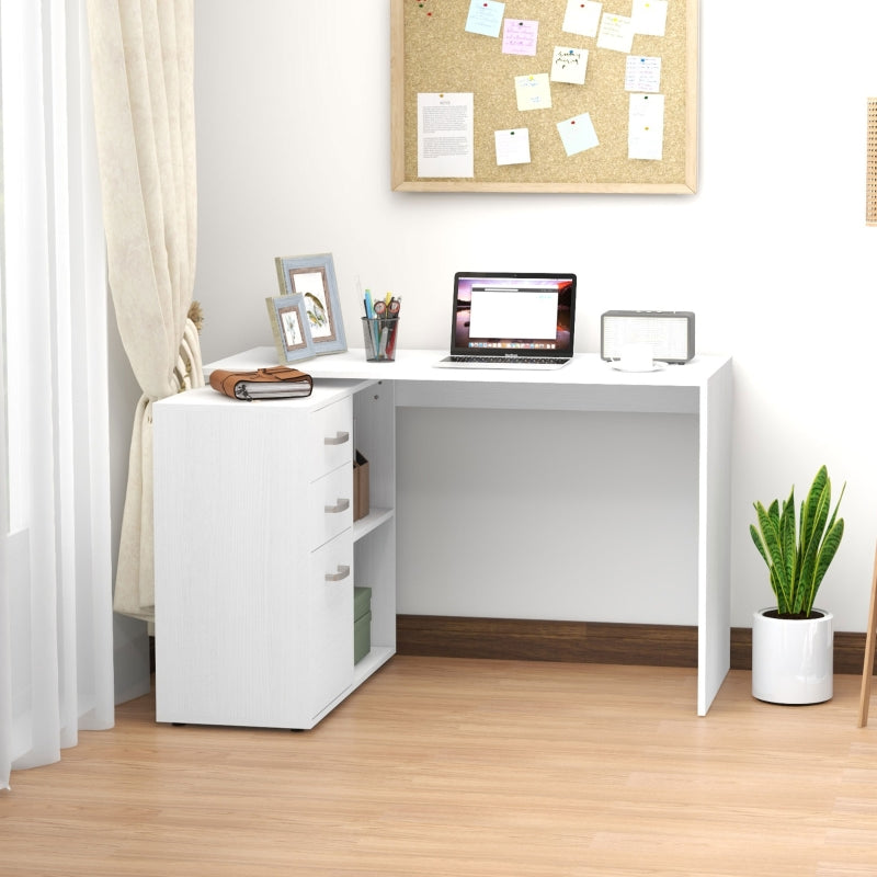 L Shaped Computer Desk, Reversible with Drawers and Shelves, White
