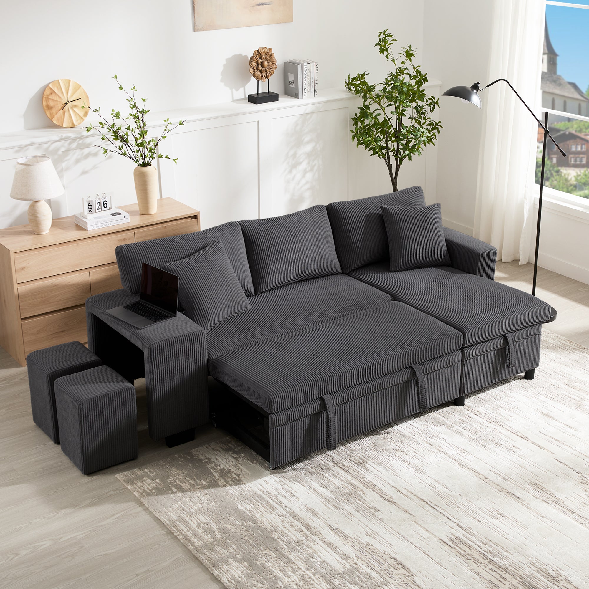 Sofa Bed L-Shaped Convertible 3-Seater with USB Charging, Side Shelves & Storage Space