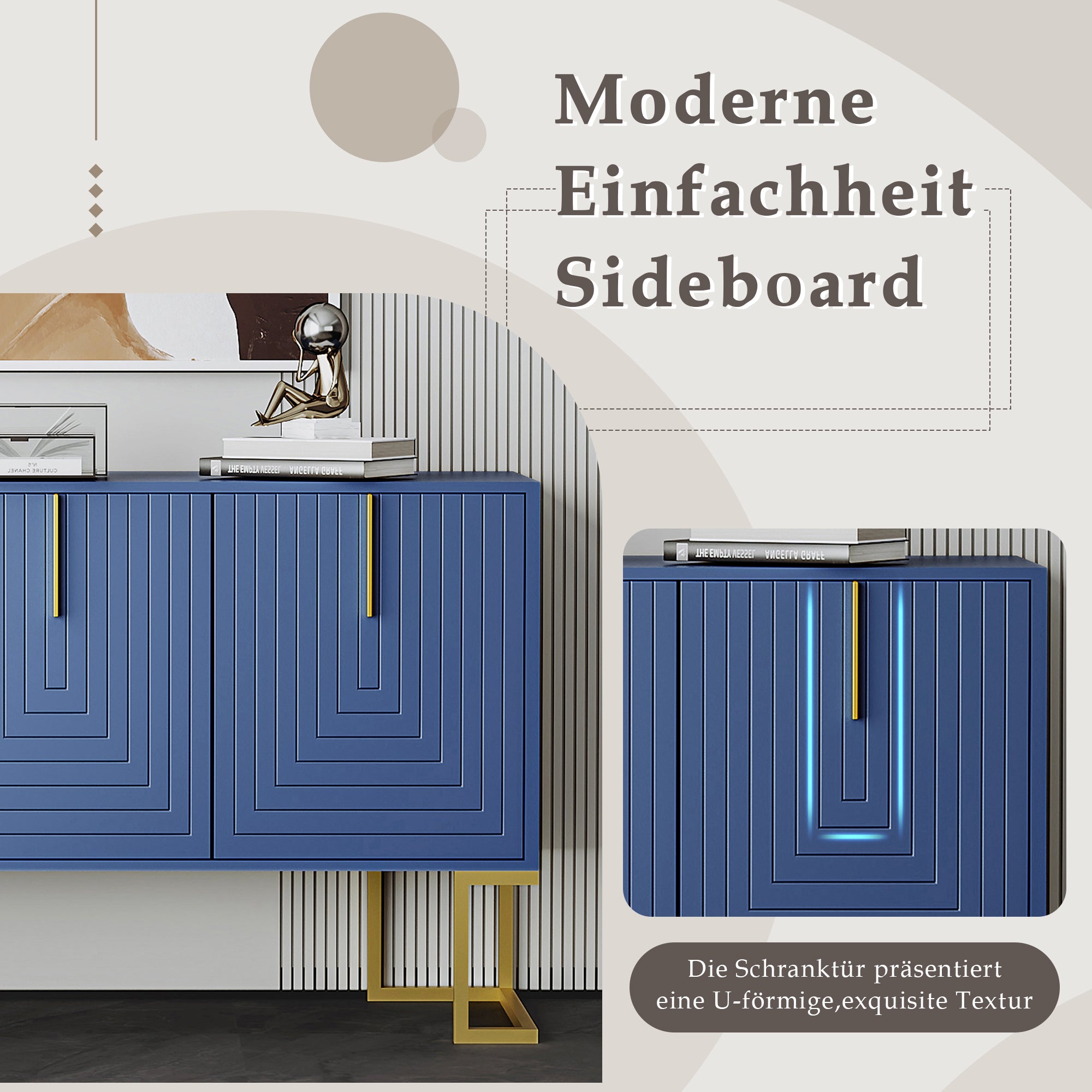 Sideboard, 3-Door Adjustable Shelves U-Shaped Metal, Navy Blue