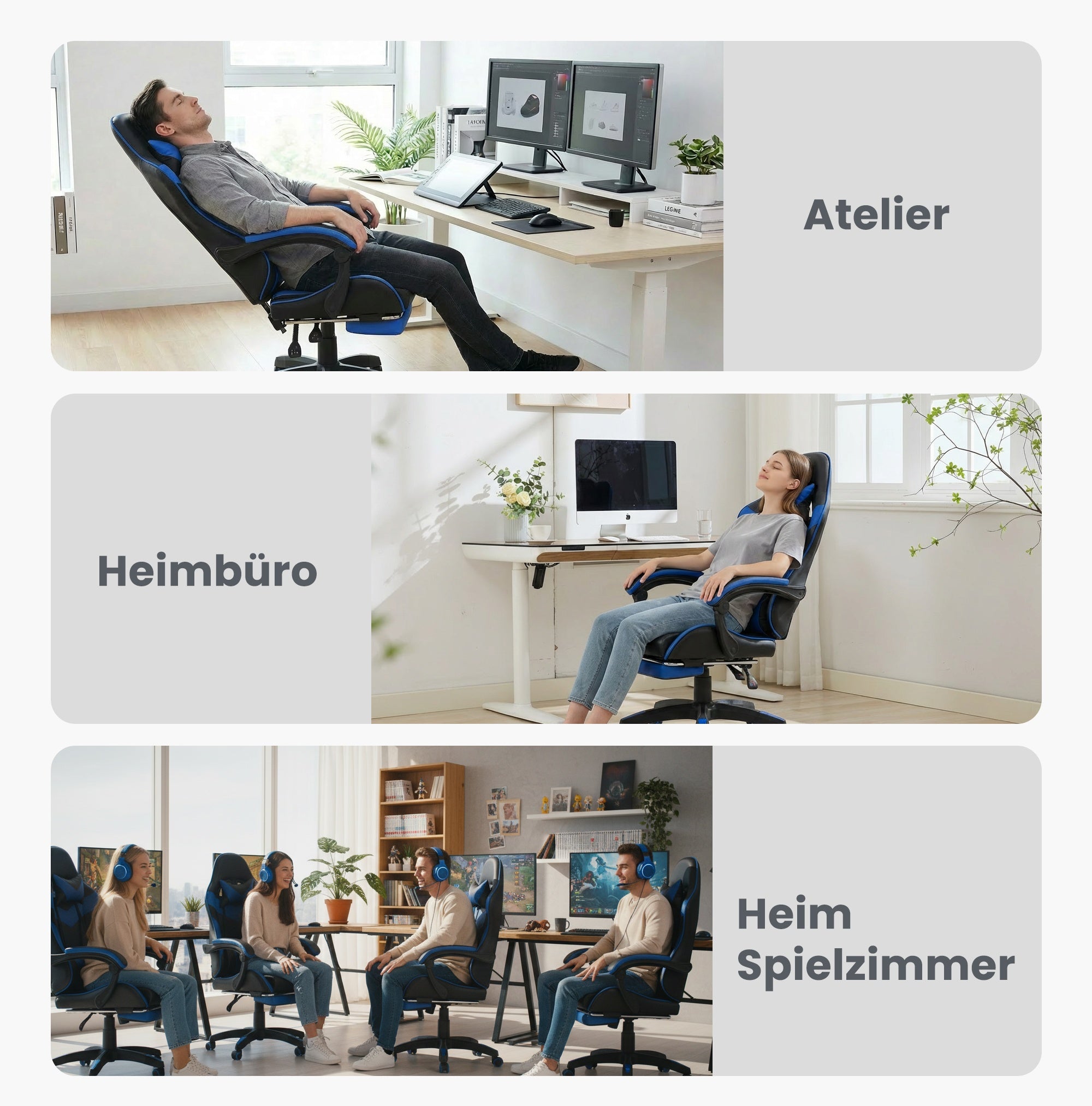 Gaming Chair, 360° Swivel High-Back with Footrest & Lumbar Support, Black & Blue Leather