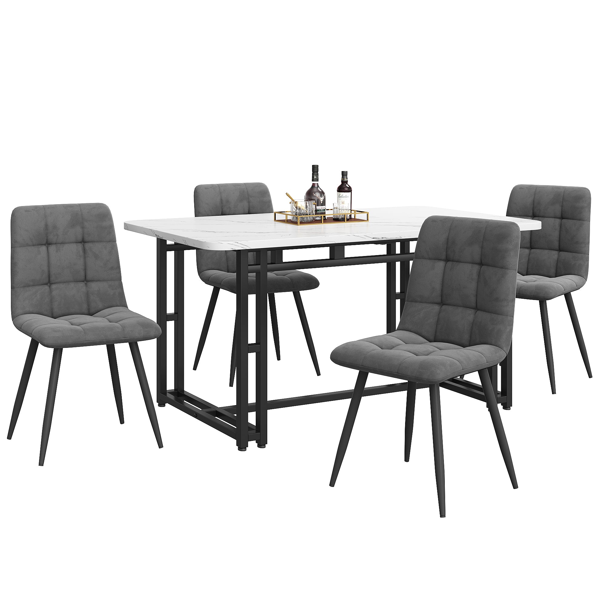Dining Table Set, 140x80cm with 4 Chairs, Modern Kitchen, Black Iron Leg