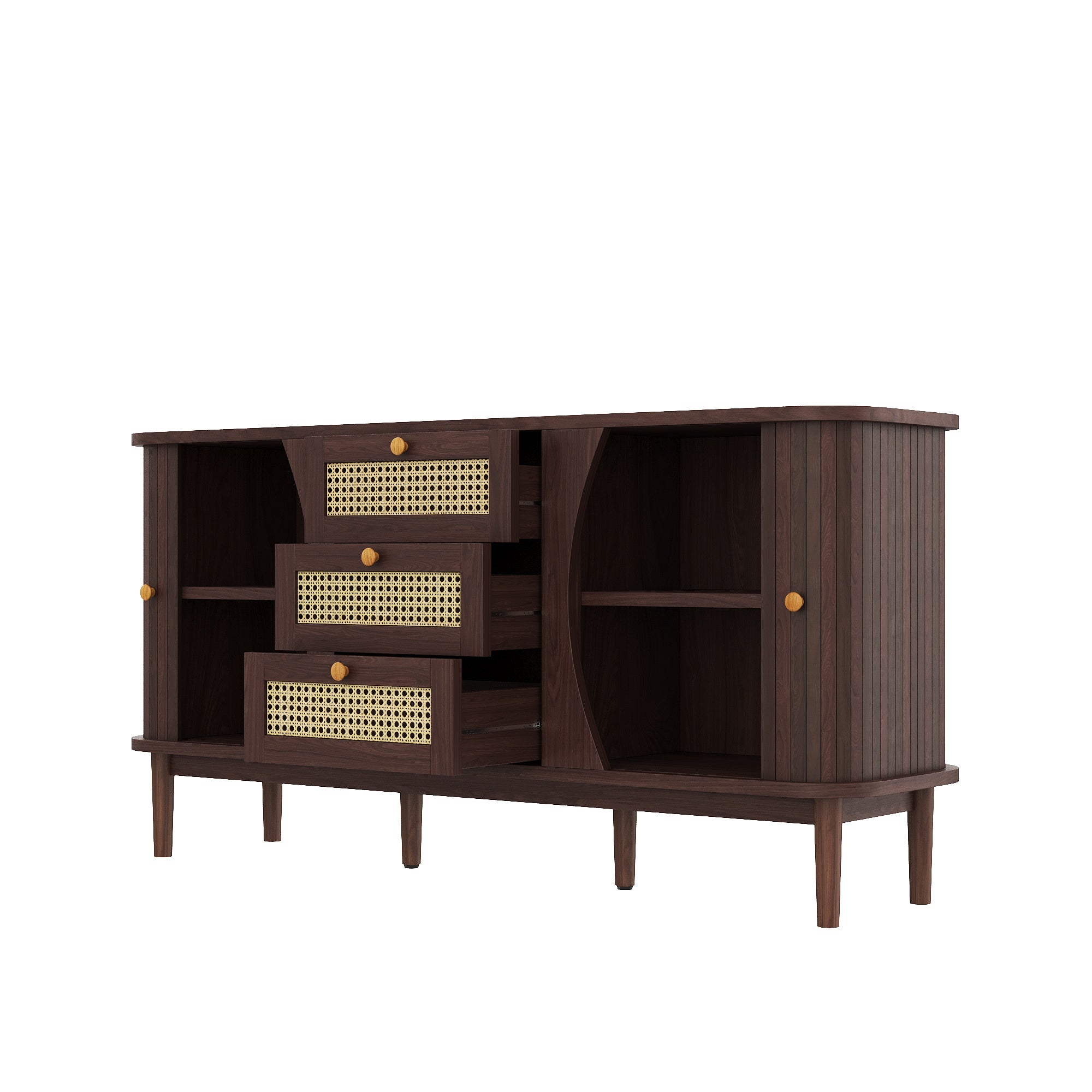 Sideboard, Rattan Drawers with Sliding Doors & Adjustable Shelves, Wood Color