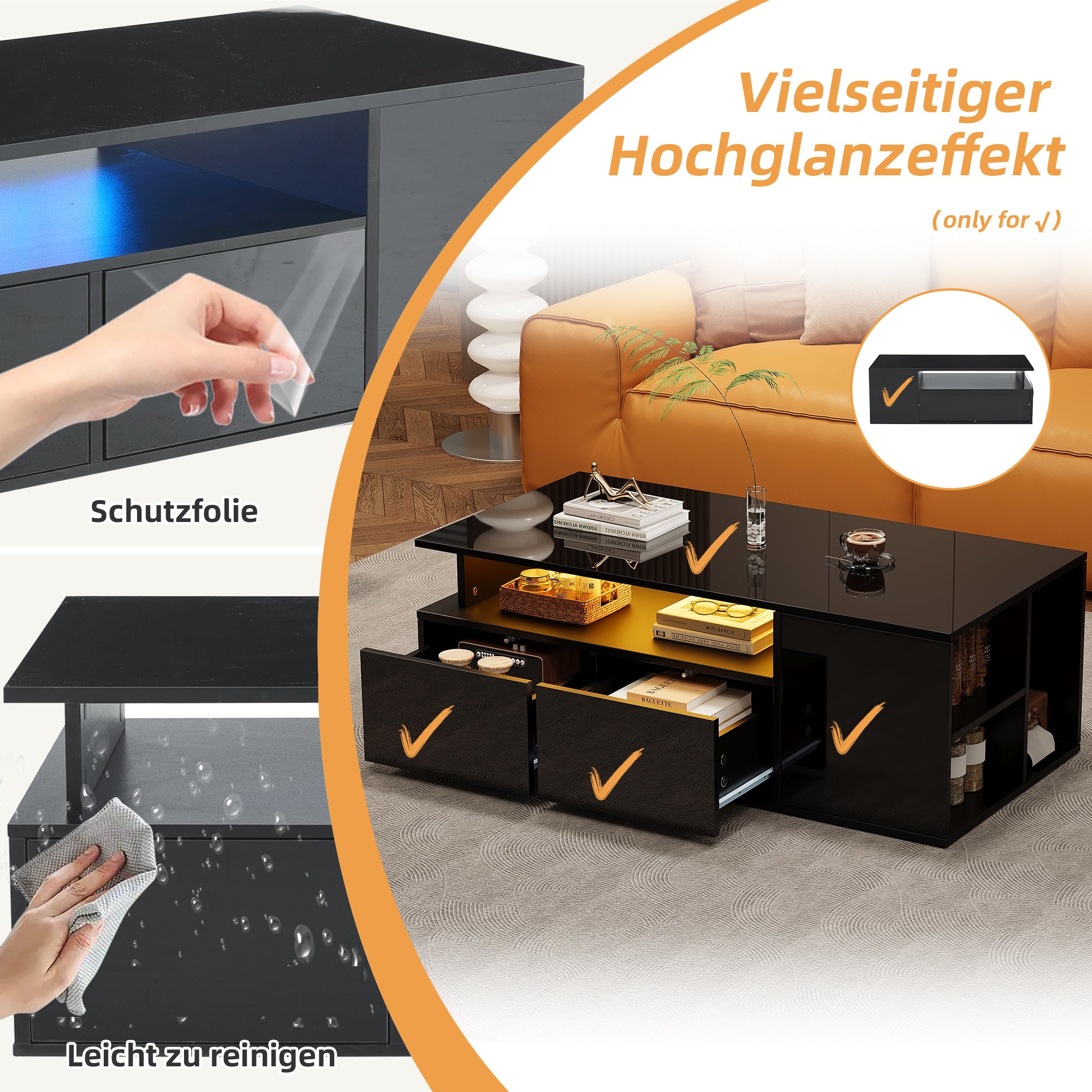 Coffee Table 100x50x35cm LED Lighting 2 Drawers 60kg Black