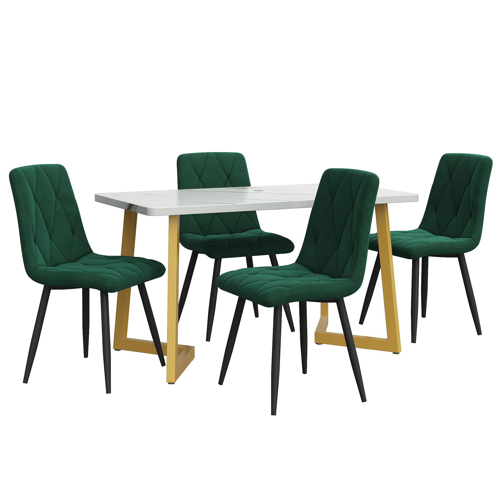 Dining Set 5-Piece Rectangular Table 117x68cm 4 Chairs Dark Green Twill Velvet Gold Legs