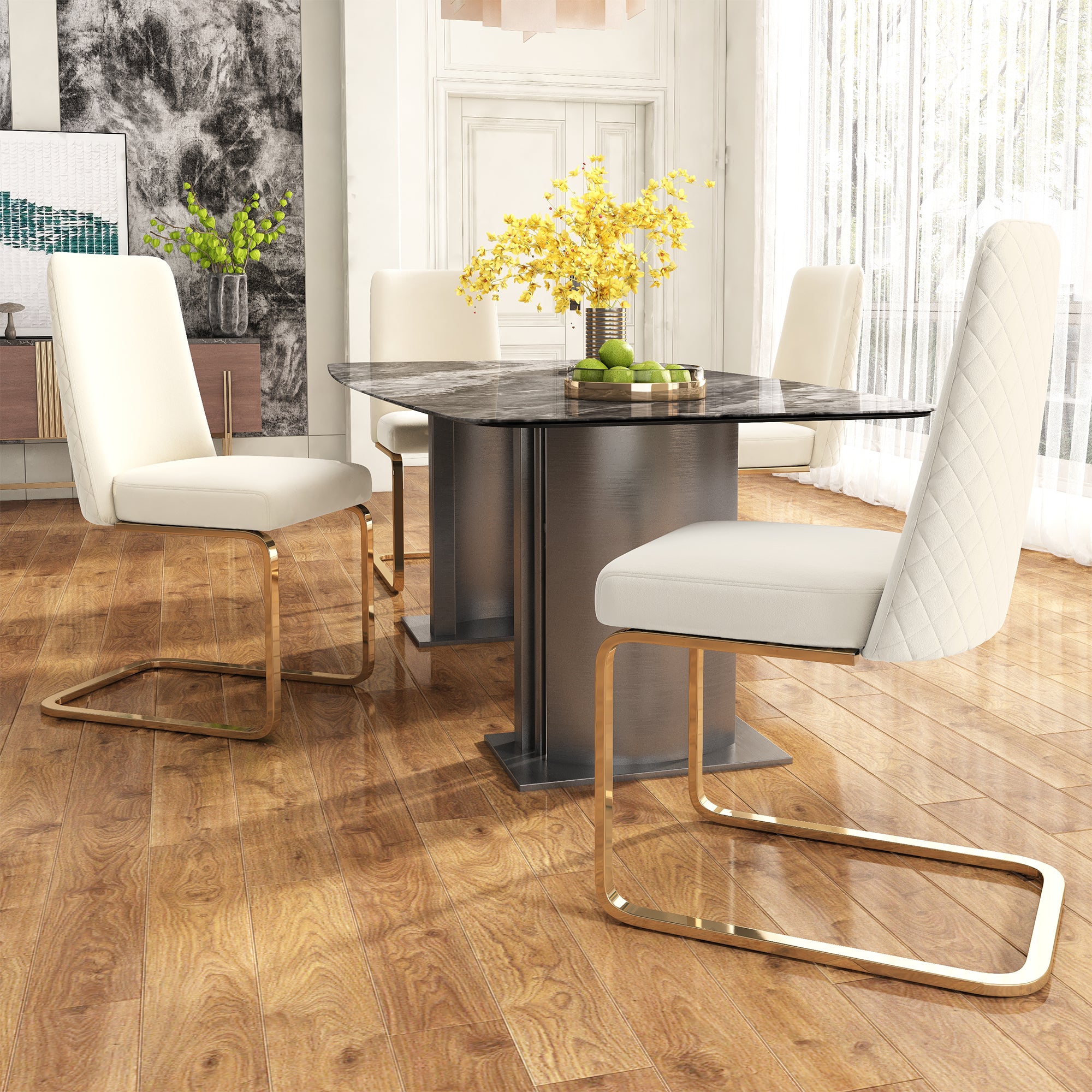 Velvet Dining Chair Set of 4, Diamond Back Design with Gold Metal Legs, Beige