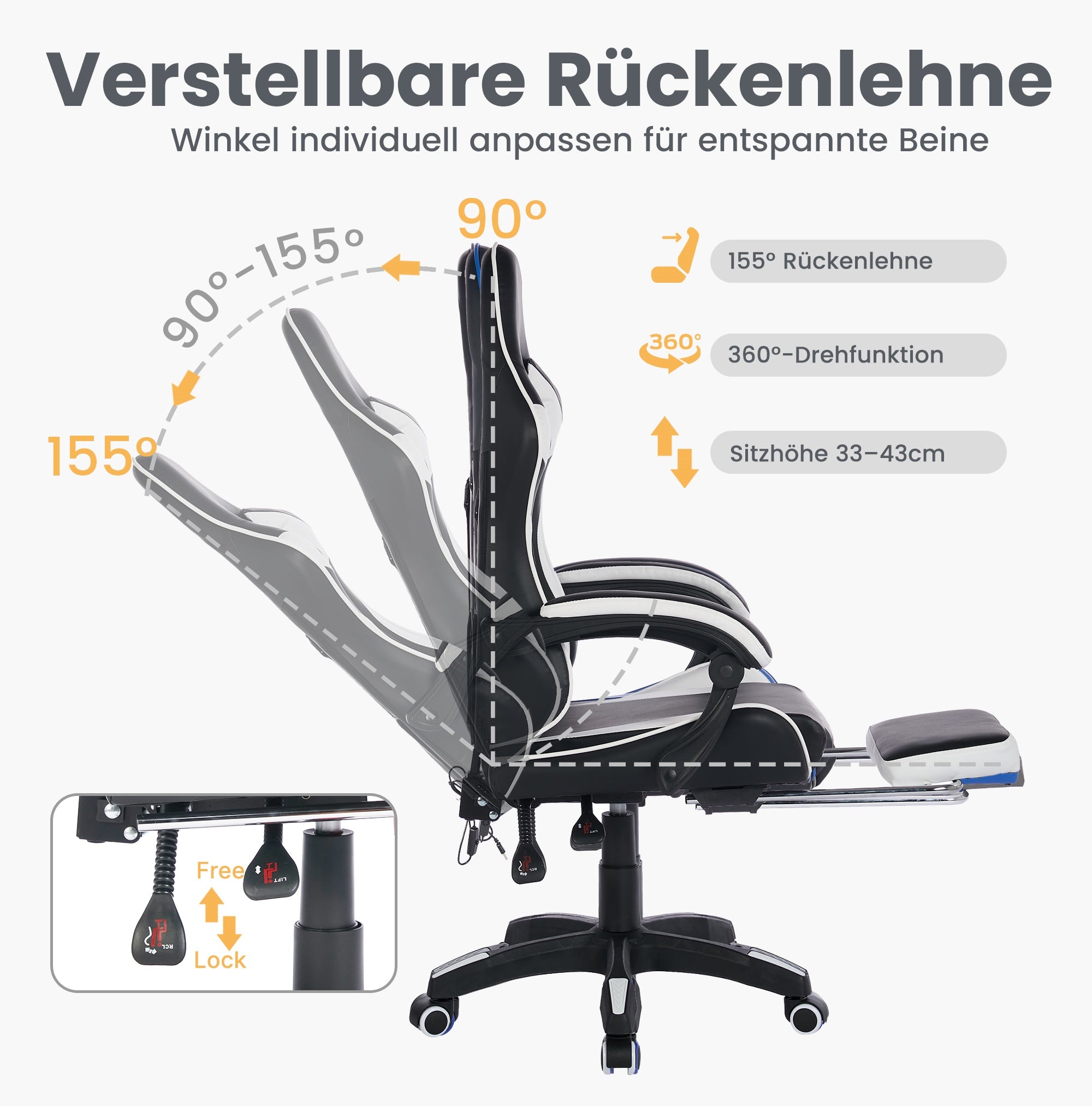 Gaming Chair 360° Swivel Ergonomic Racing High-Back Adjustable Footrest Headrest Lumbar Support - Black & White Leather