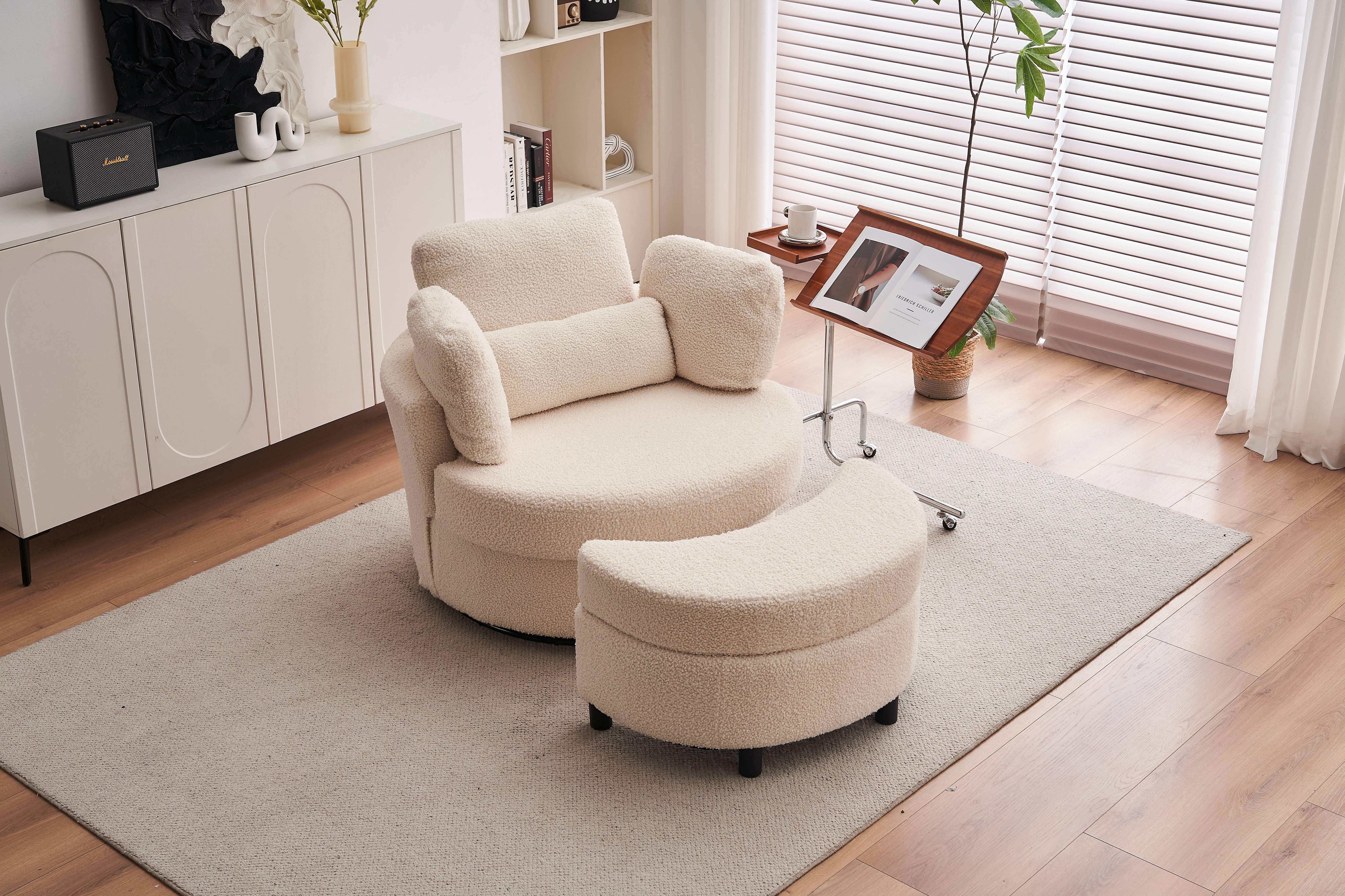 Teddy swivel armchair with 3 back cushion pillow ottoman crescent stool, White
