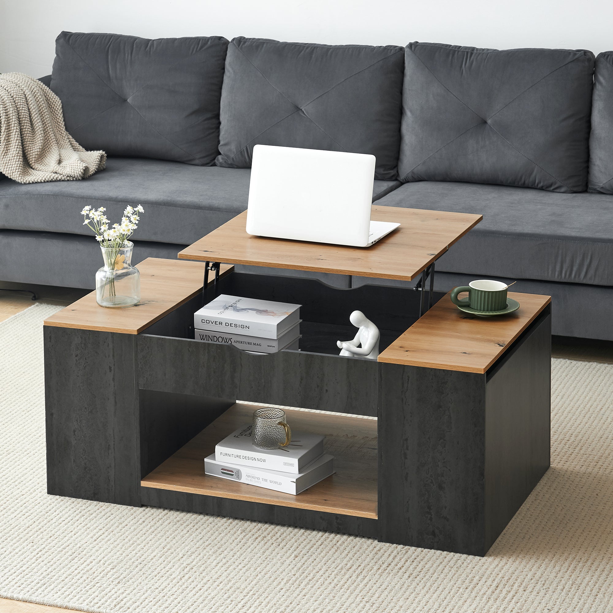 Coffee Table with Lift Function & Storage 109.5cm - Grey Frame