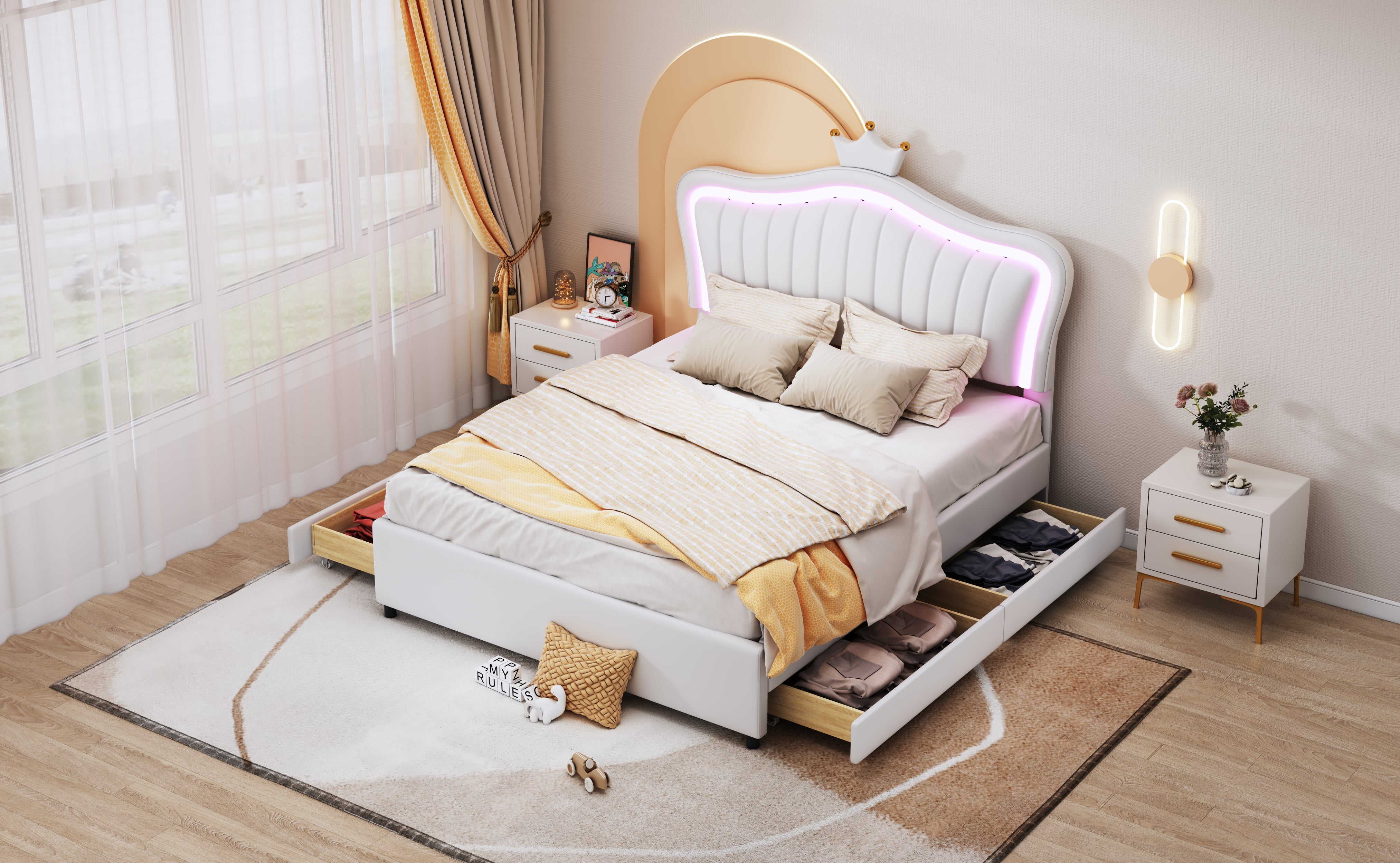 Children's Bed Upholstered with Storage Drawers & LED Lights, White PU Leather