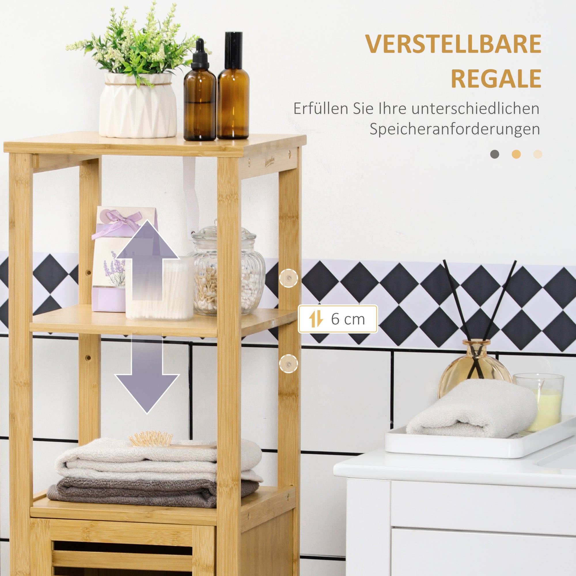 Bathroom Cabinet, Height-Adjustable, 2 Shelves, 33x30x120cm, Natural Bamboo