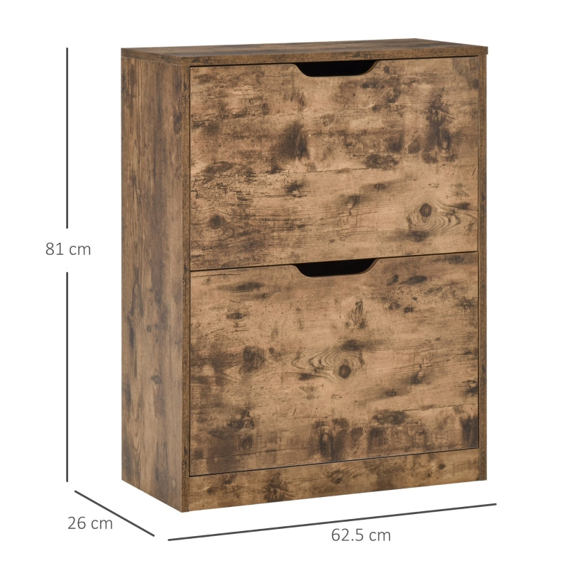 Industrial Shoe Cabinet 2 Flip Drawers Narrow Slim for 12 Pairs Freestanding, Rustic Brown