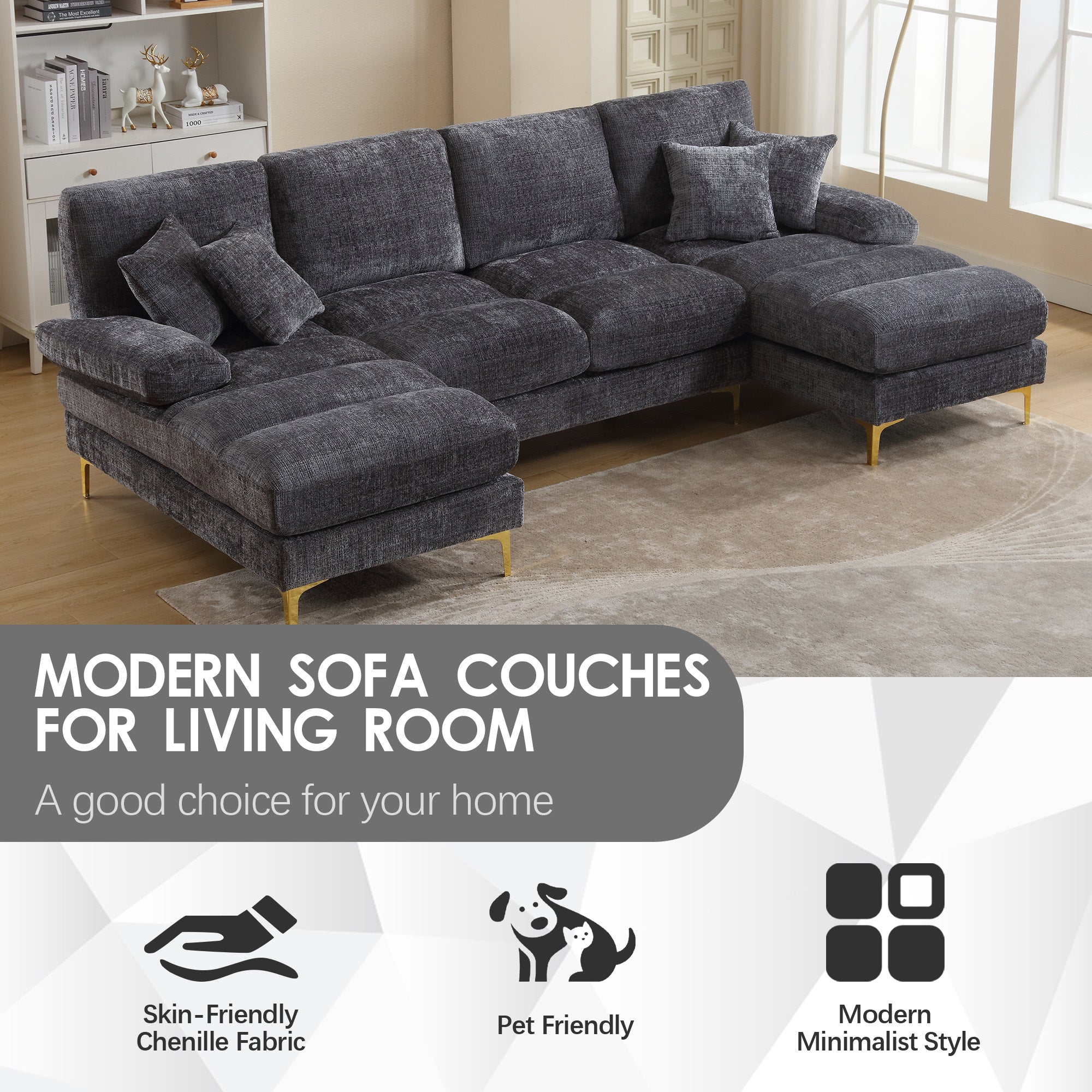 Sectional Couches by GOMYWAY, Modular U-Shaped with Double Chaise, Chenille Fabric