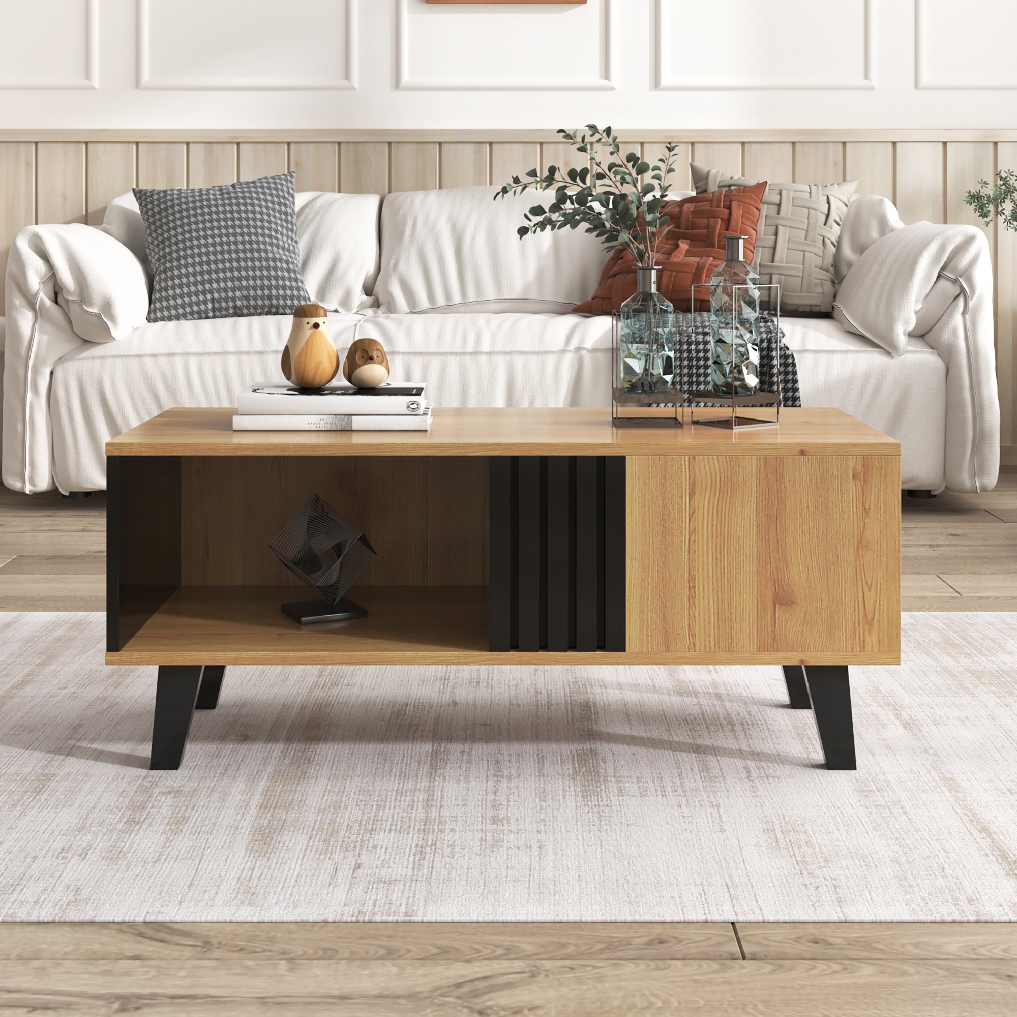 Coffee Table with Drawers and Side Storage, 100 x 60 x 45 cm, Black and Wood