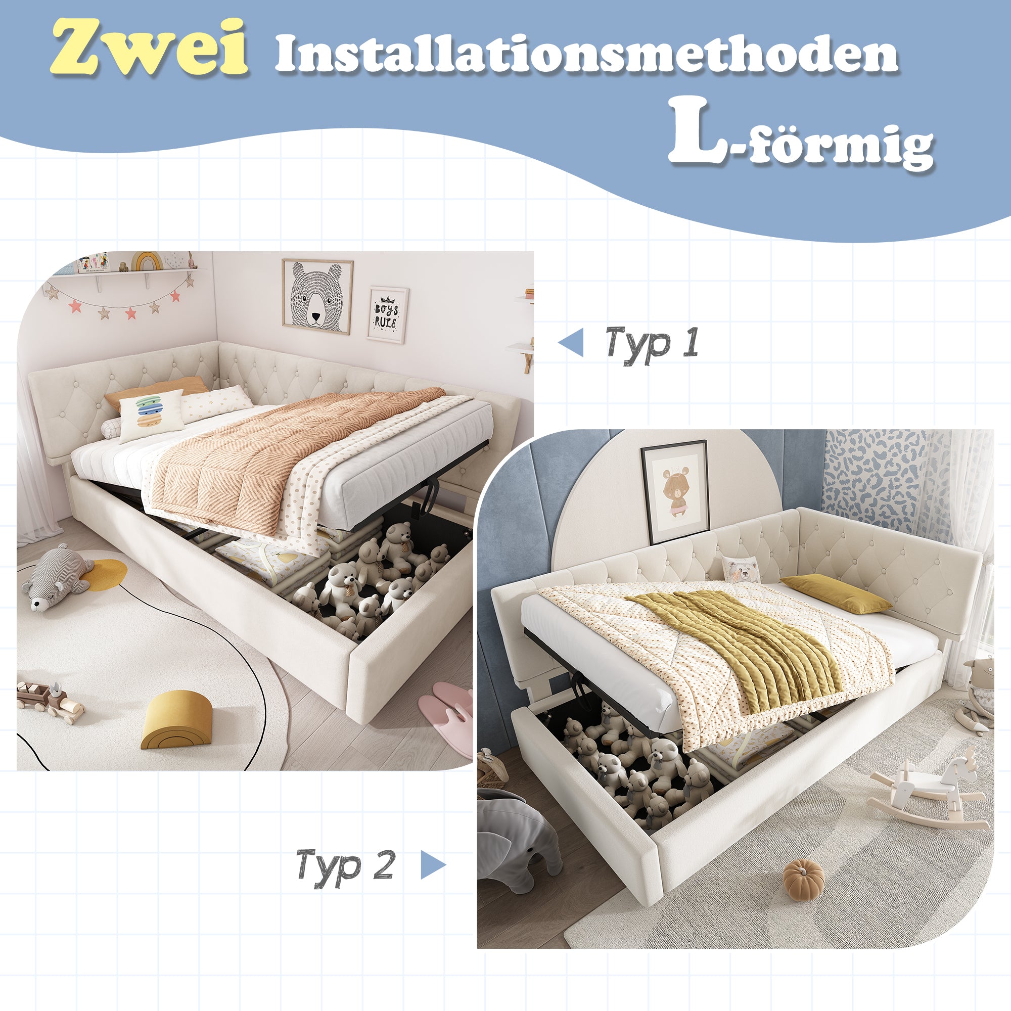 Upholstered Bed, Daybed 90x200cm with Hydraulic Storage, Wooden Slatted Frame, Beige Velvet