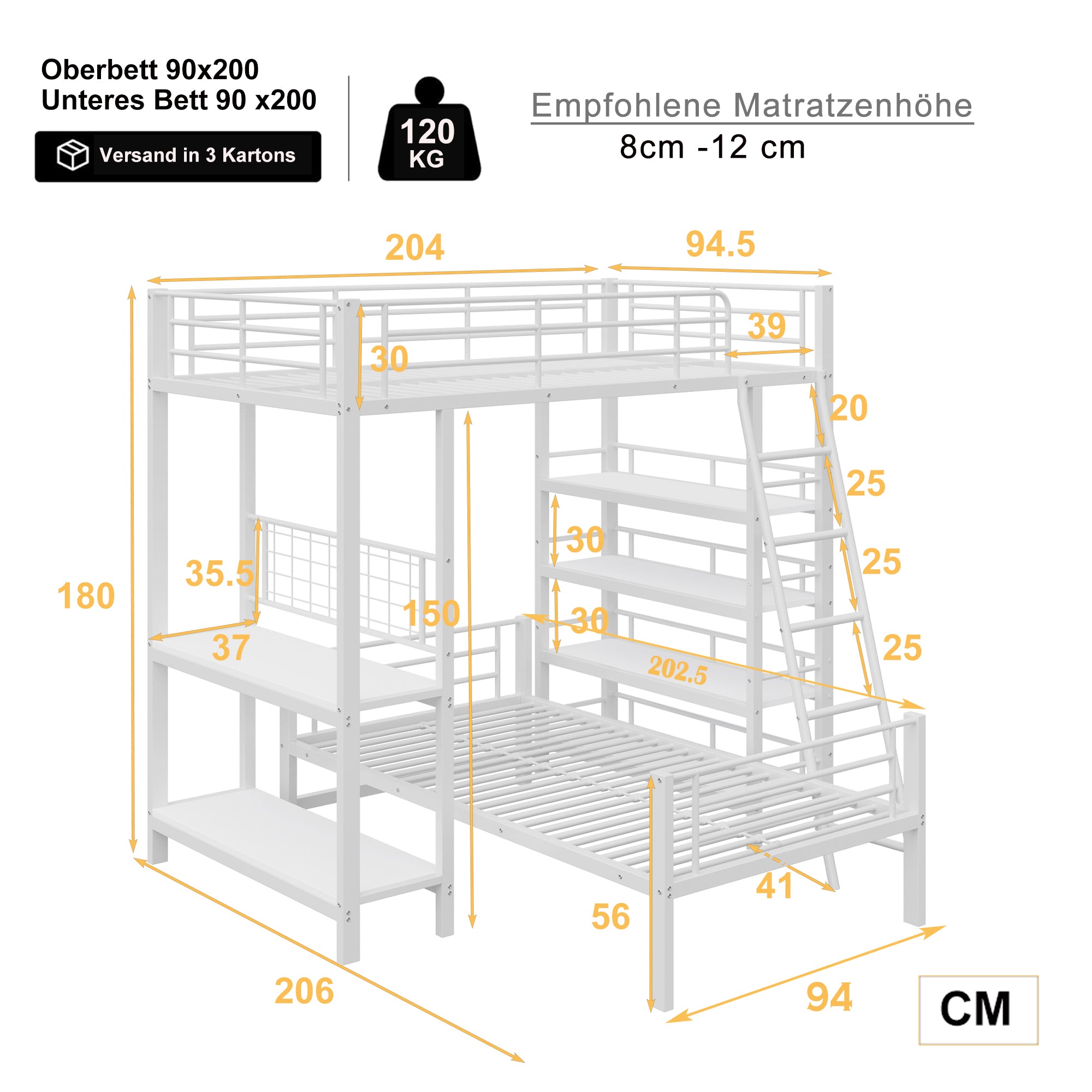 Bunk Bed, Metal Frame Loft with Storage, White