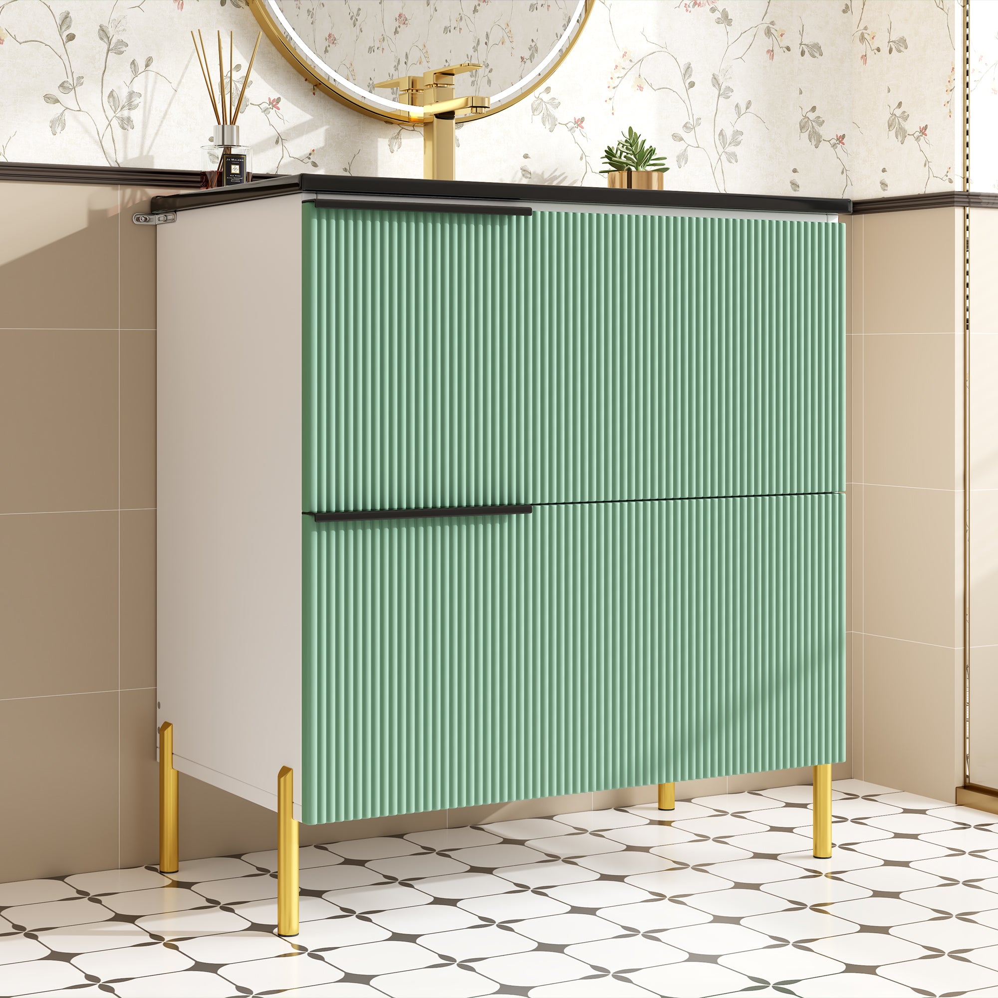Bathroom Vanity Unit with Ceramic Sink and Storage Drawers, Green