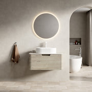 Floating Bathroom Vanity with Oval Sink and Sintered Stone Top, Oak Cream Wood Grain