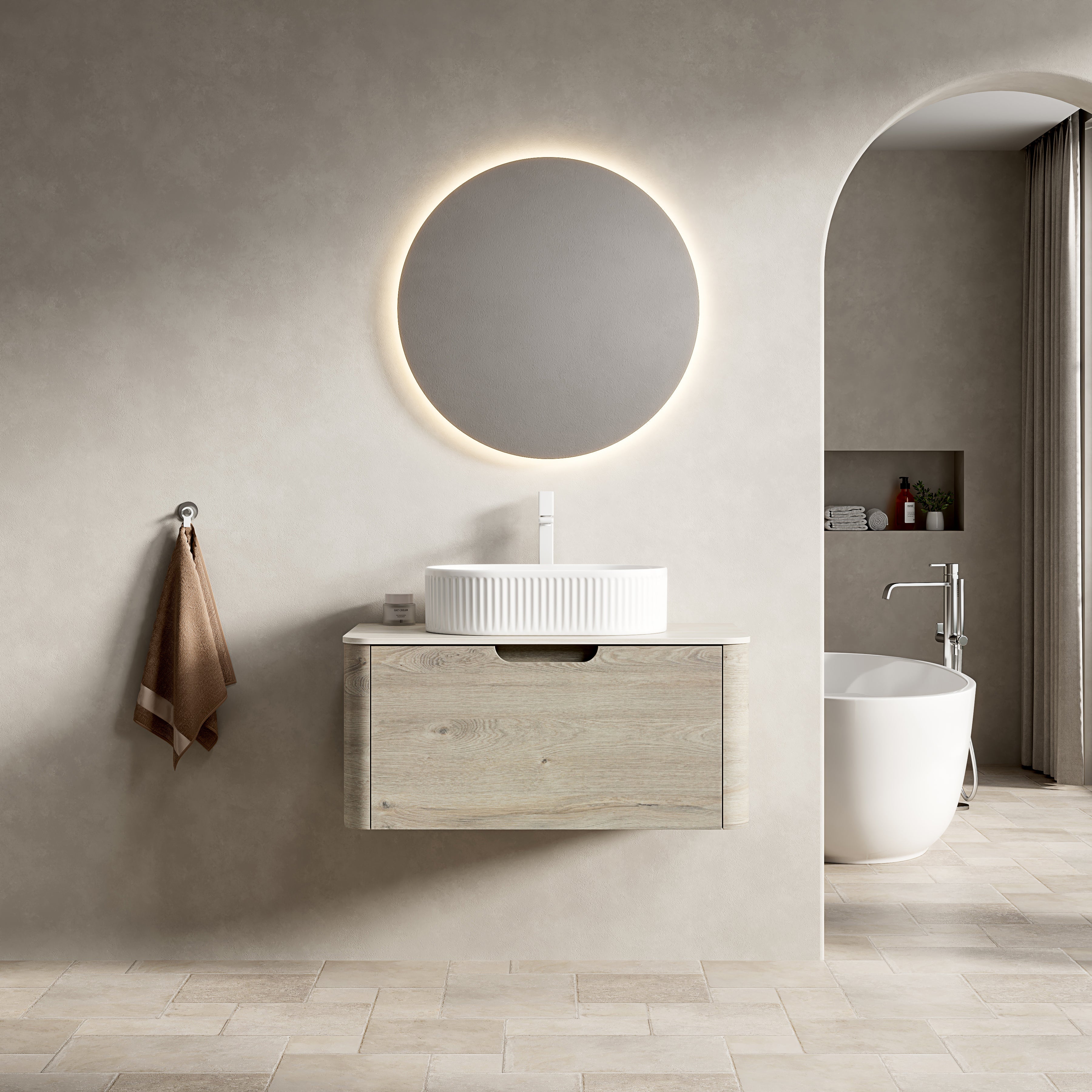 Floating Bathroom Vanity with Oval Sink and Sintered Stone Top, Oak Cream Wood Grain