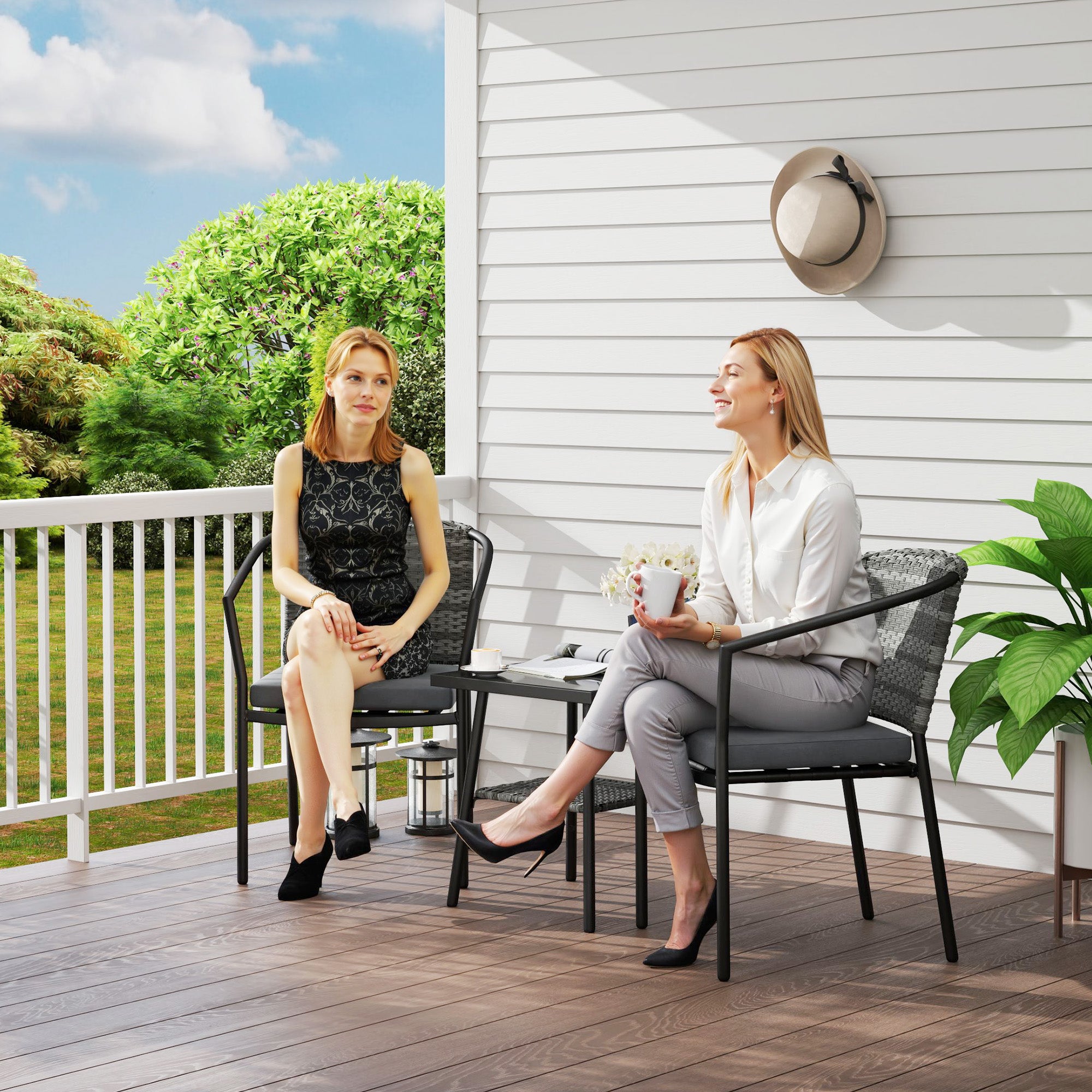 3 Pieces Bistro Set with Cushions and Glass Top Table, Wicker Rattan, Grey