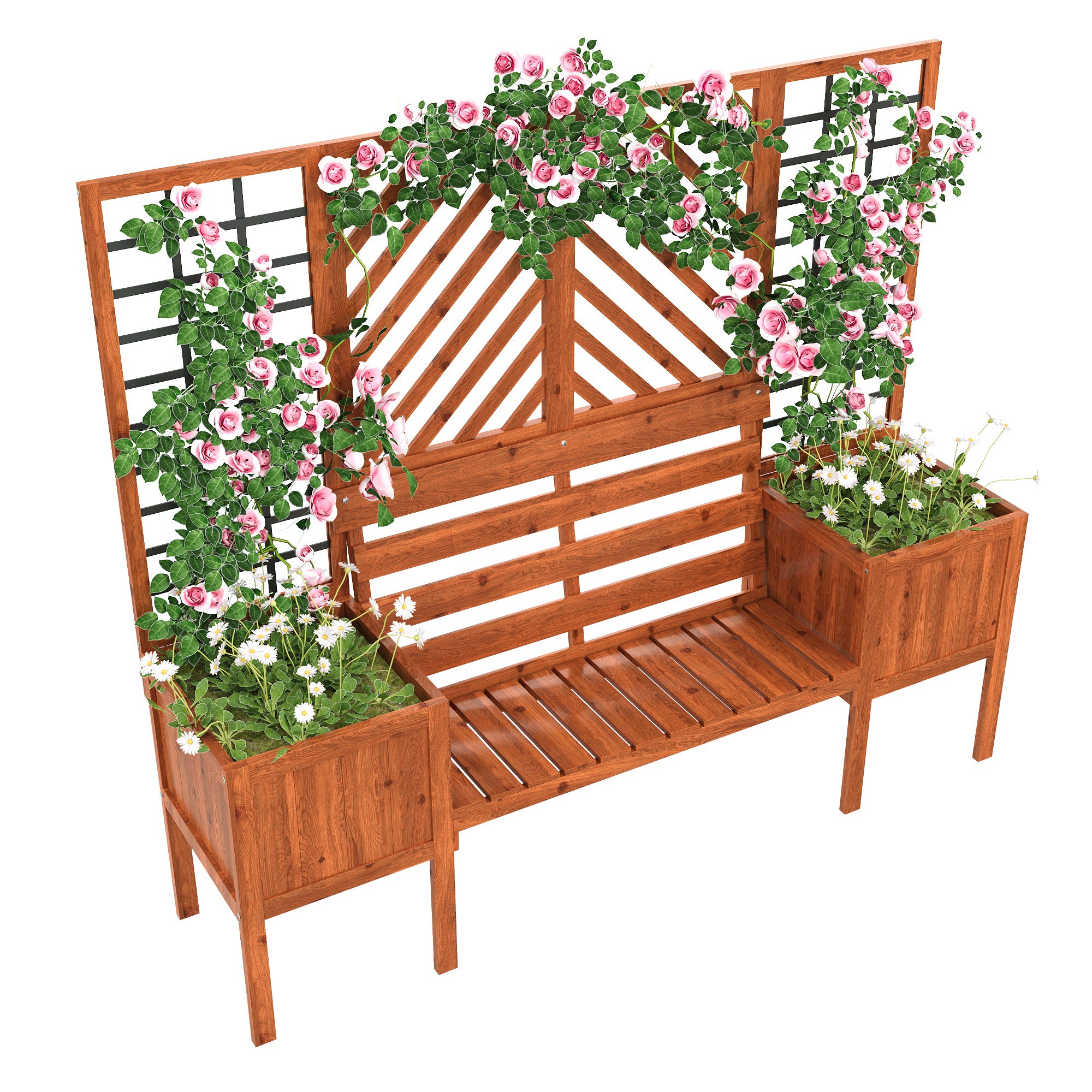 Plant pot, planter with trellis, flower box, brown solid fir wood
