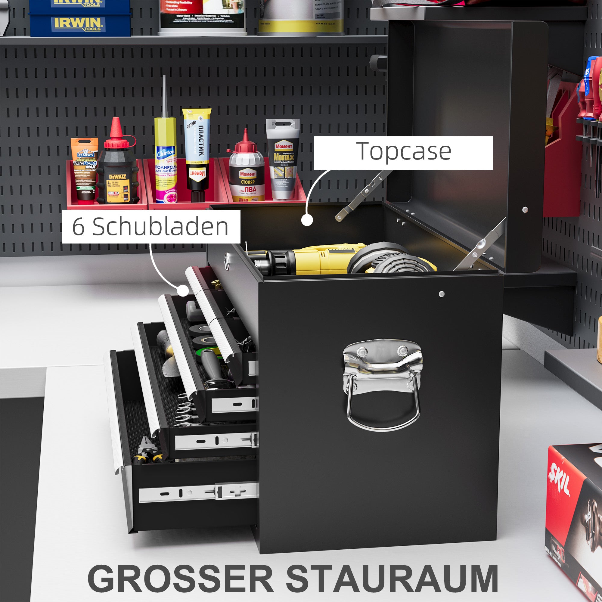 Tool box with 6 drawers, lock and handle, steel black