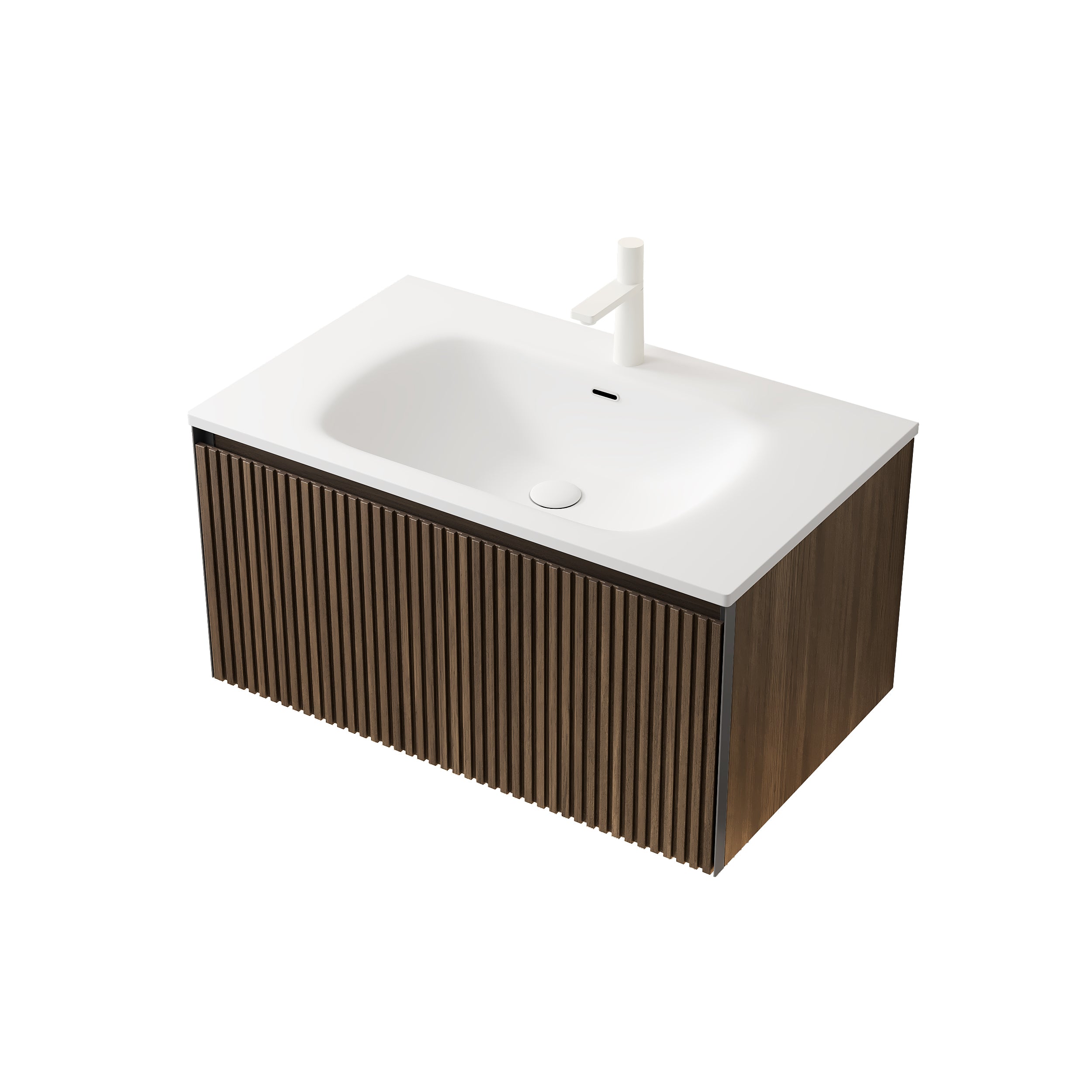 Bathroom Vanity Unit with Ceramic Sink and Drawer, 80cm Wall-Mounted Plywood, Brown Oak Finish