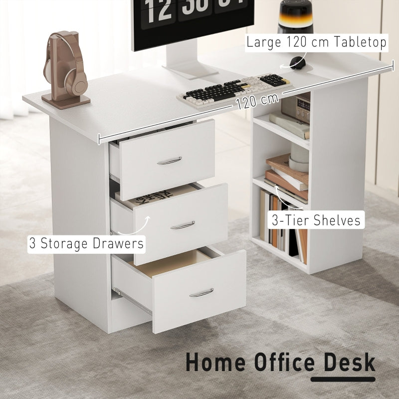 Computer Desk Writing Table PC Workstation with 3 Storage Shelves and Drawers White