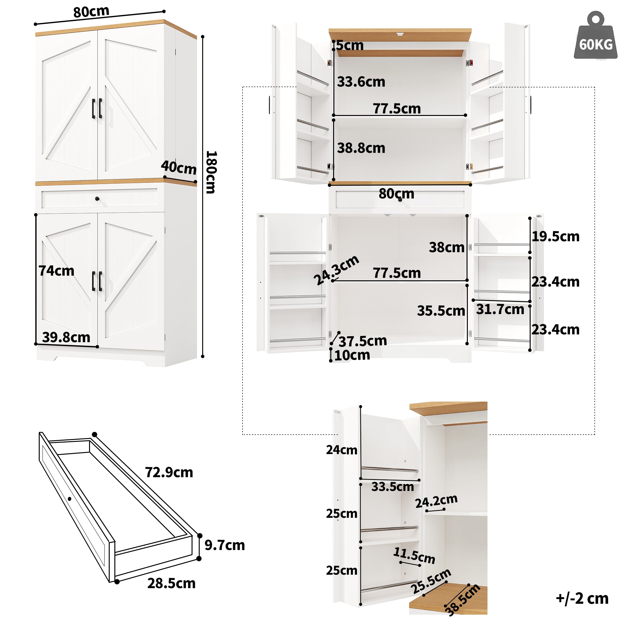 High Kitchen Cabinet 12 Doors & Drawers 80x40x180cm - MDF/Chipboard