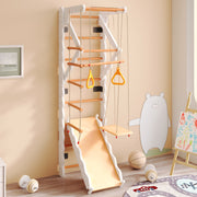 6-in-1 multifunctional climbing frame, wall bars, slide, swing, crawling ladder, pull-up area, rings, 50 kg, plywood, solid wood, beech