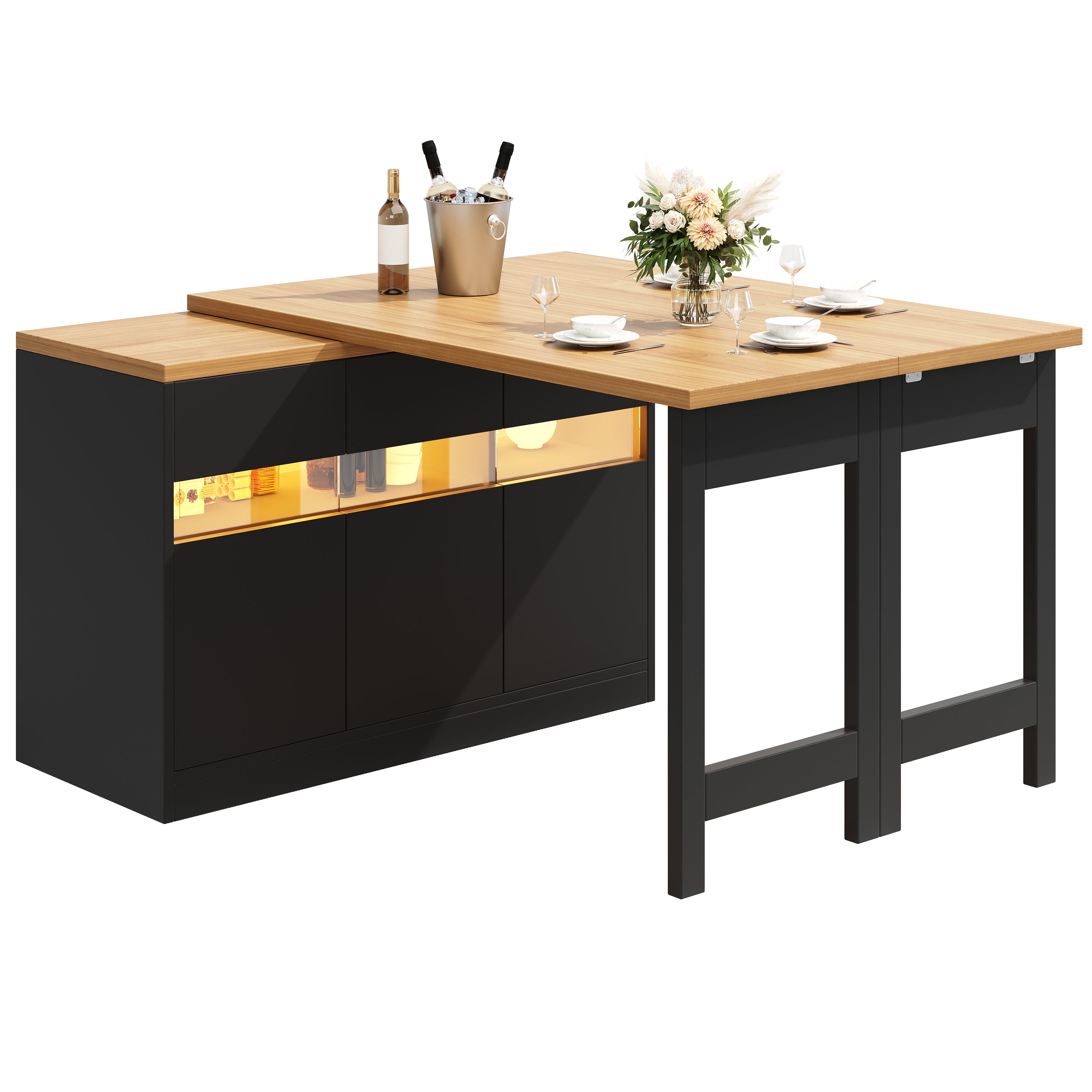 Extendable Bar Table with LED Lighting and 360° Swivel, 120-180cm Kitchen Island with Storage, MDF