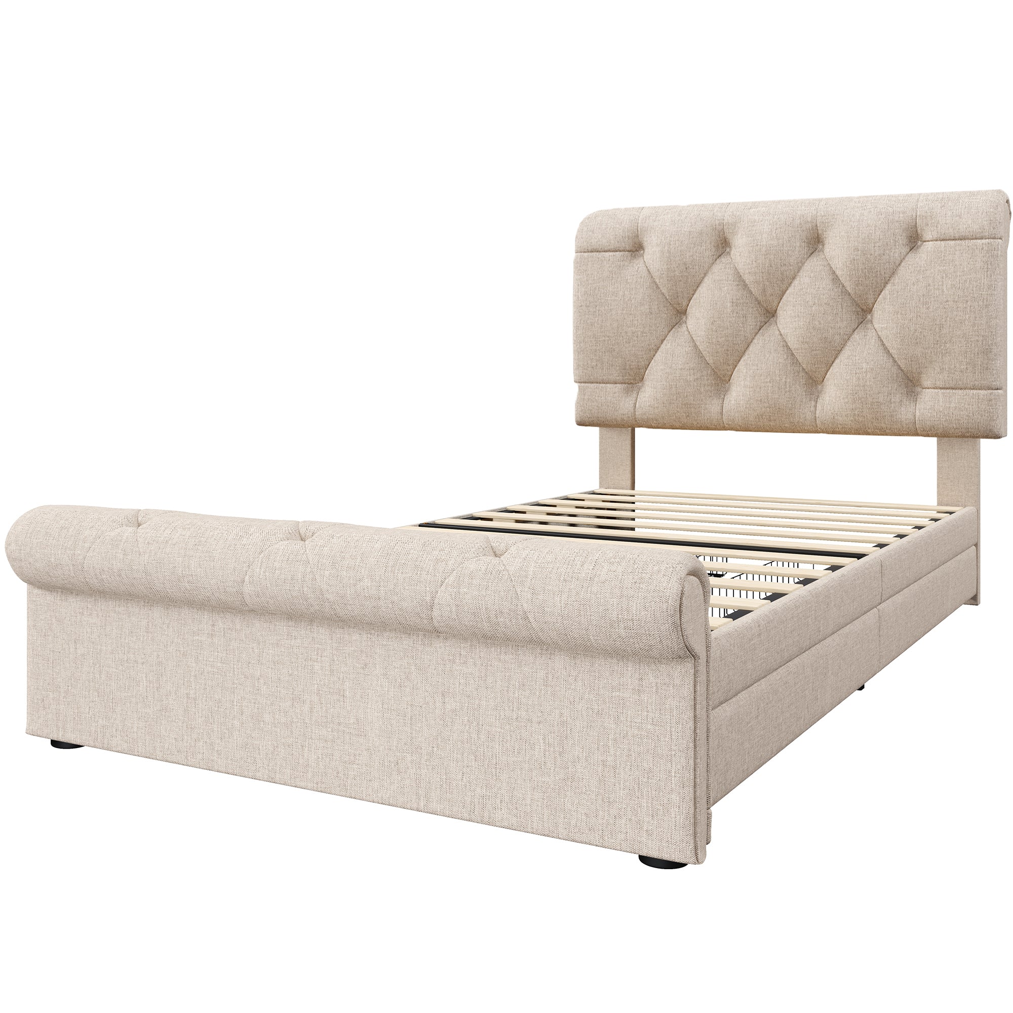 Single Upholstered Bed, 90x200cm with 2 Drawers, Adjustable Headboard, Natural