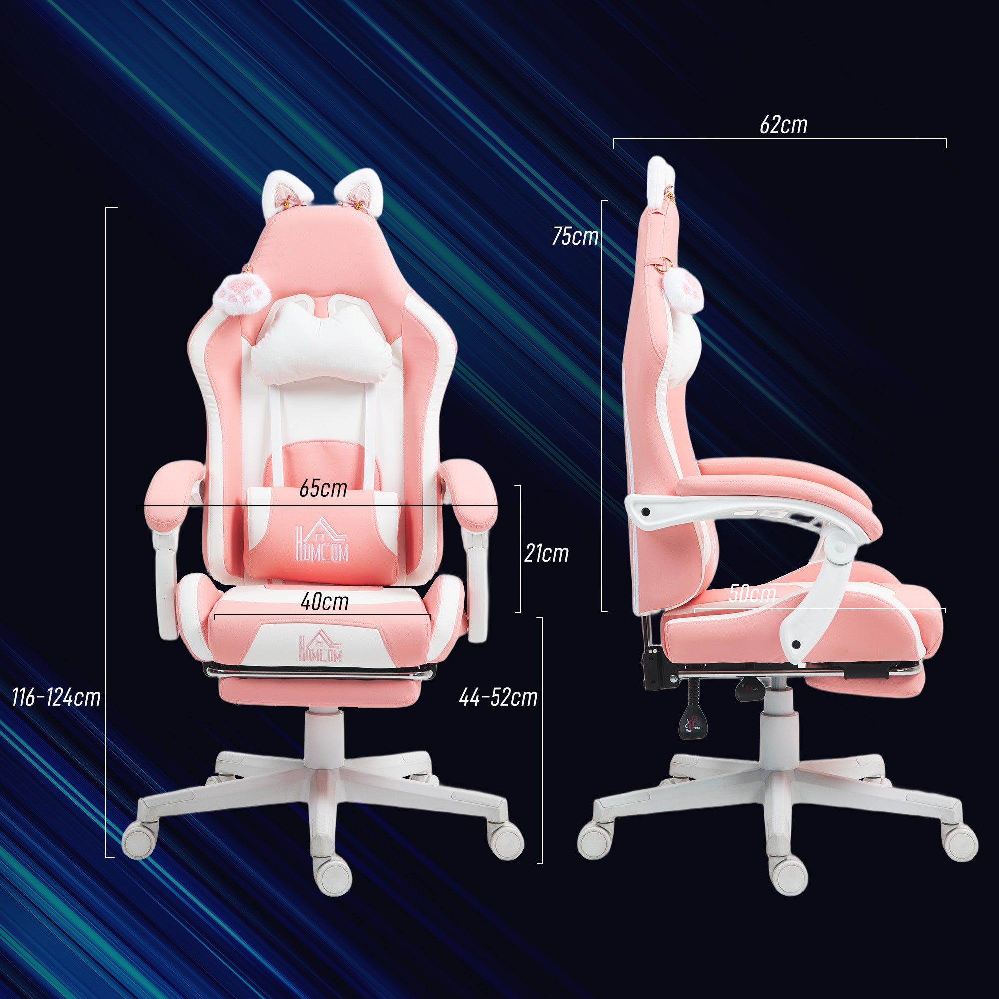Gaming Chair with Lumbar Support, Footrest, Cat Ears, Pink