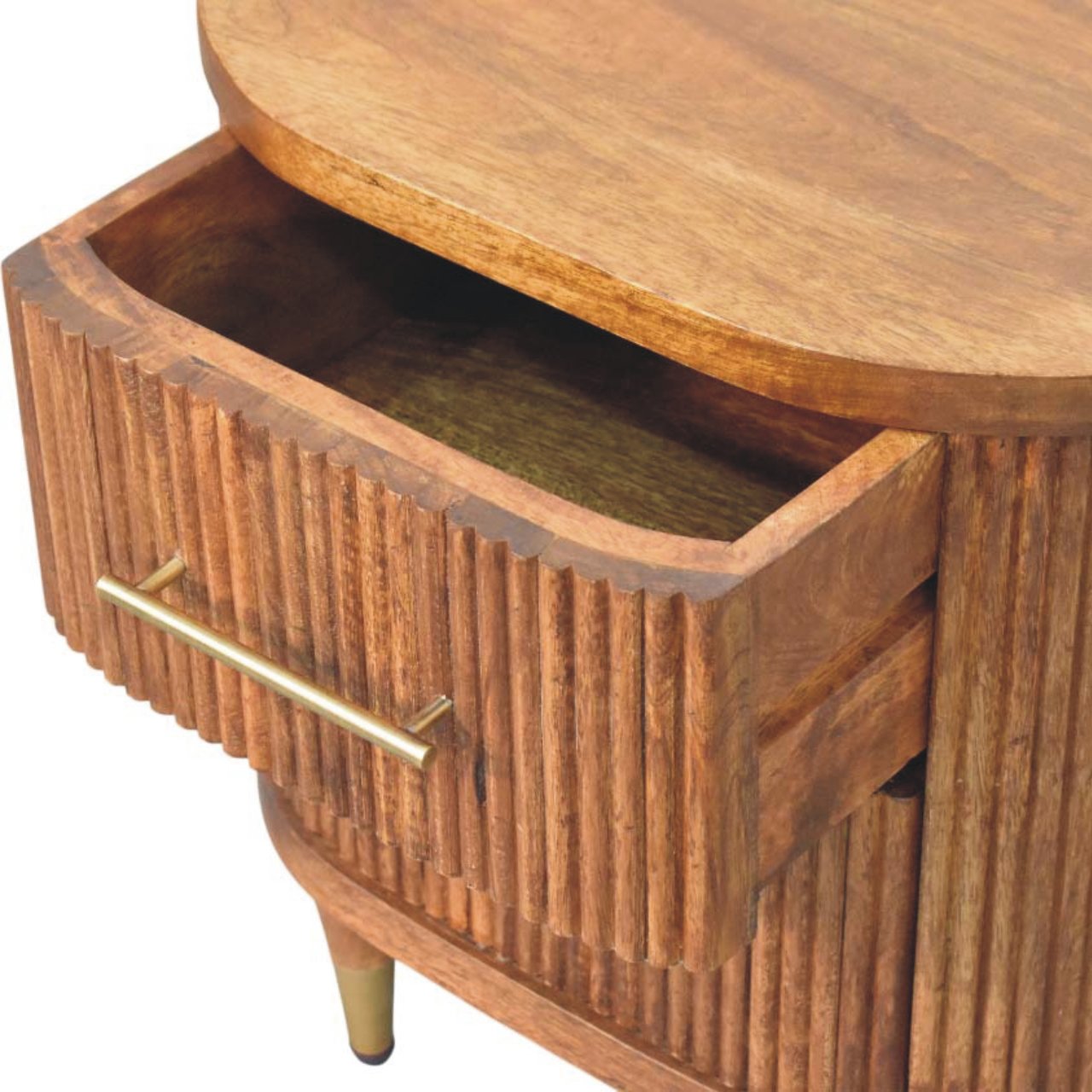 Ribbed Bedside Nightstand with Brass Accents in Mango Wood