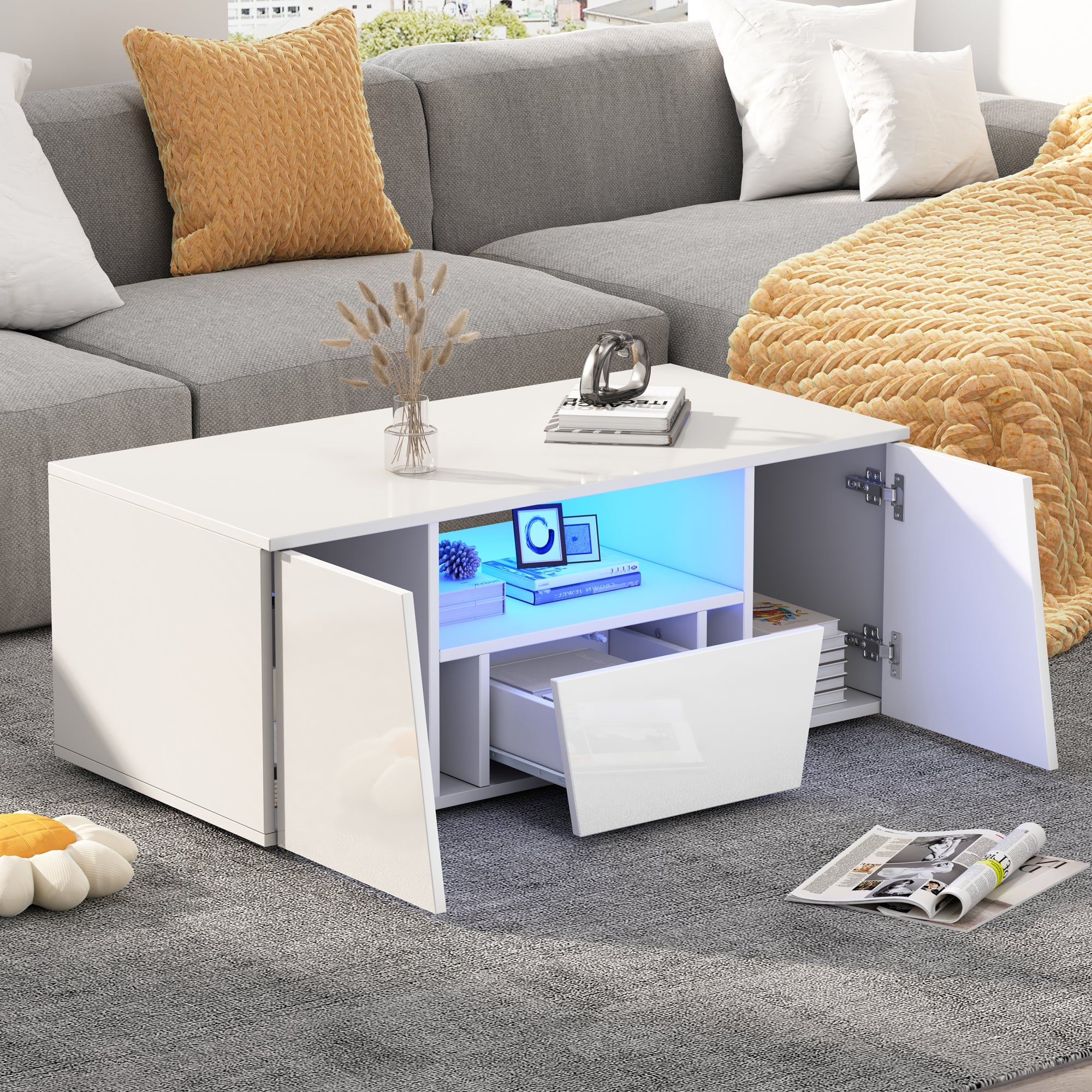 Coffee Table, Sofa Table with LED Light, 2 Cabinets, 1 Drawer, Irregular Design, White
