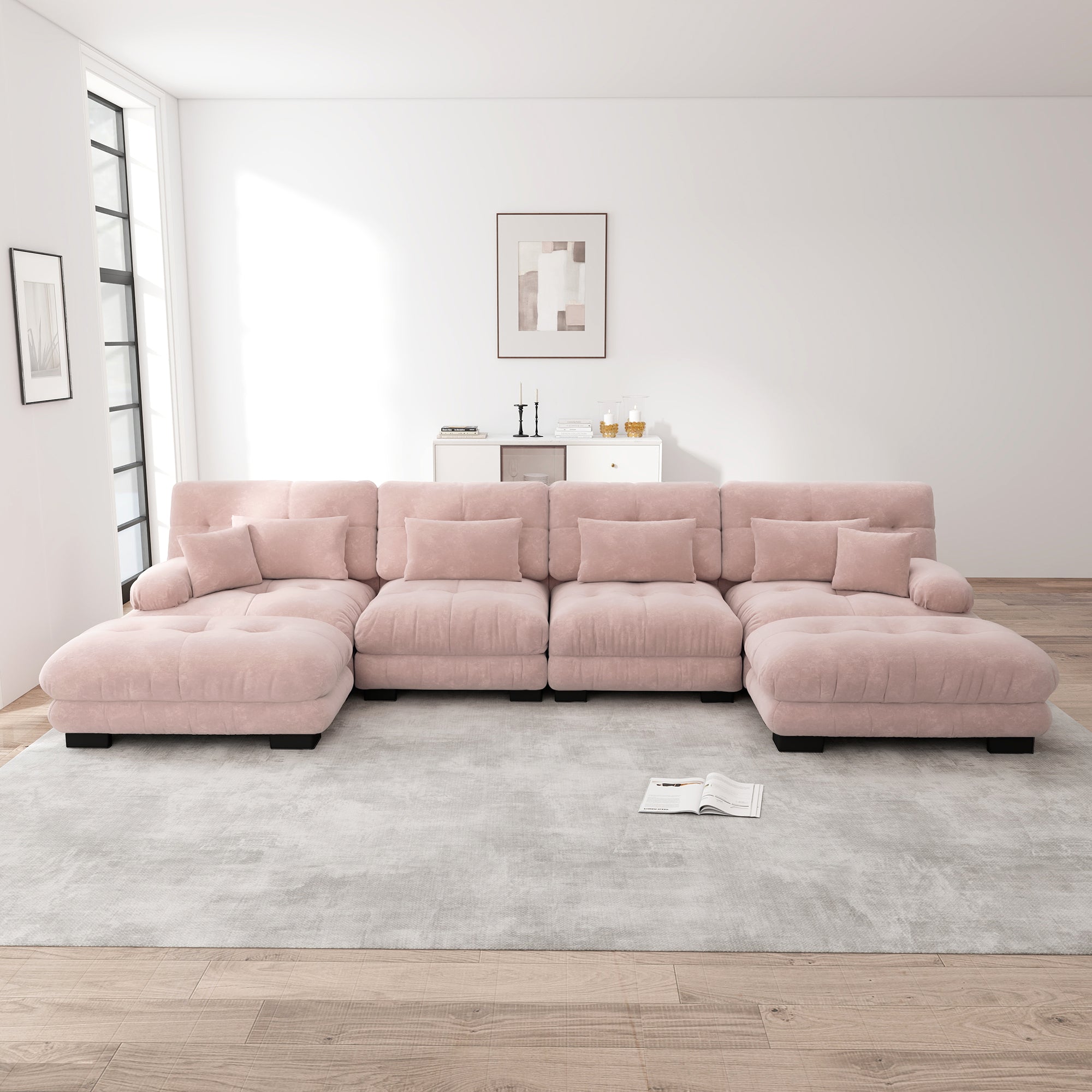 Modular Corner Sofa, U-shaped 4-Seater with Movable Ottoman, Pink Chenille