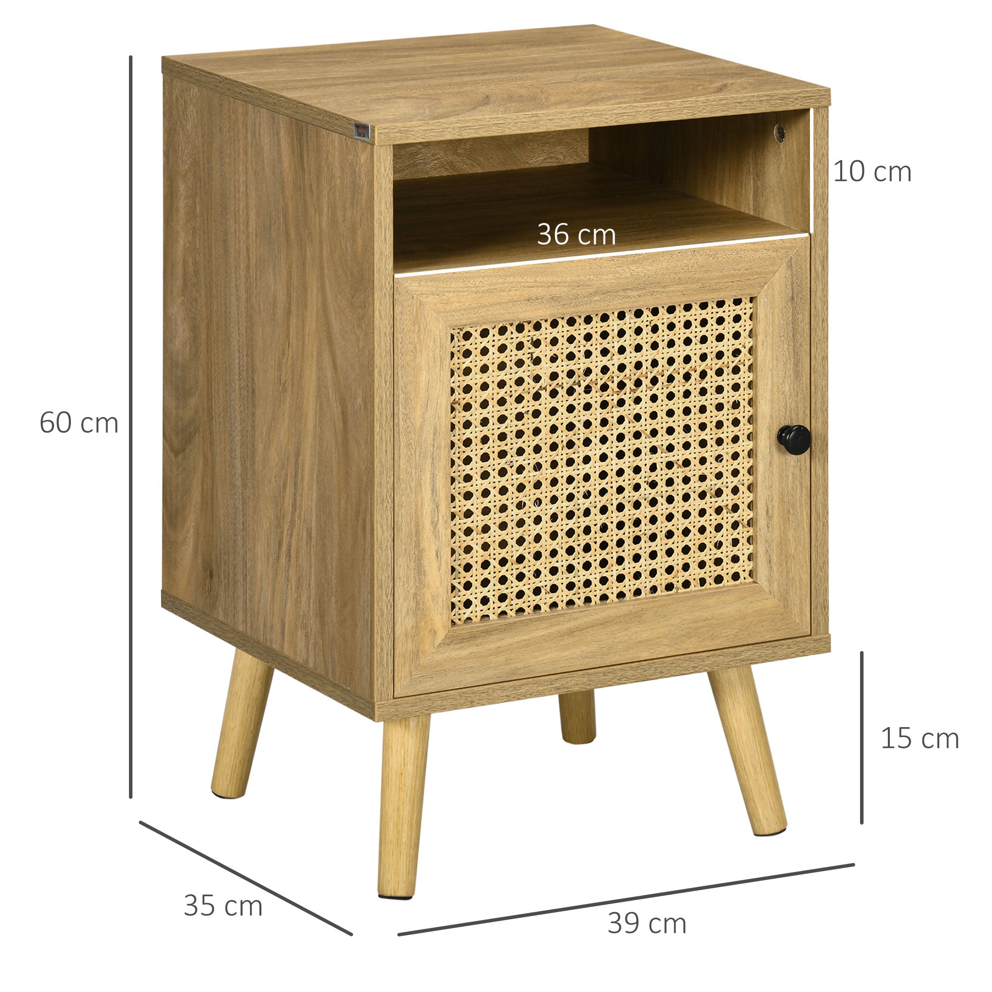 Bedside Table with Shelf and Cupboard, Set of 2, Rattan/Natural