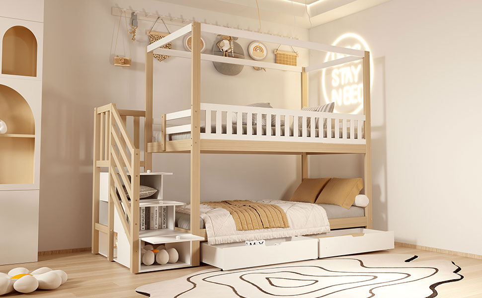 Bunk Bed, 90x200cm Solid Wood Double with Storage & Ladder, White & Wood