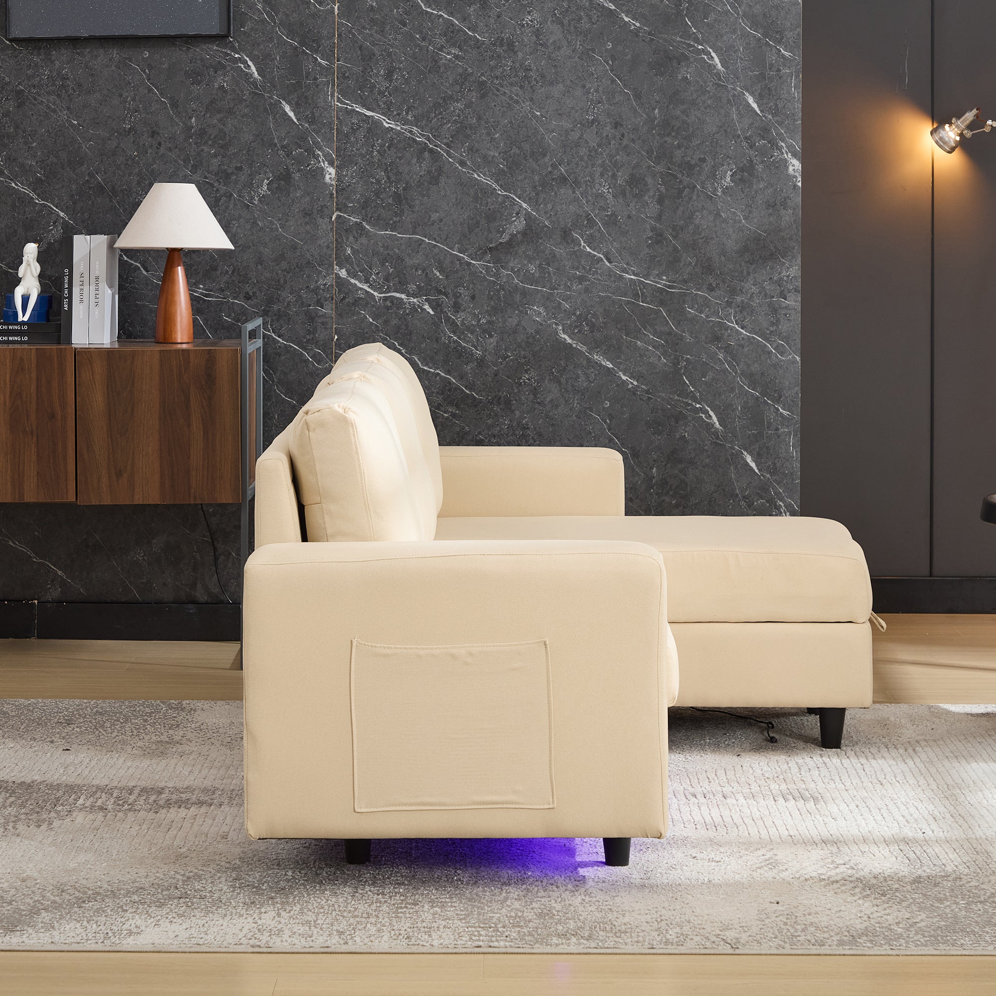 L-Shaped Sofa Bed, 3 Seater Sleeper with Storage, USB, and LED, Beige