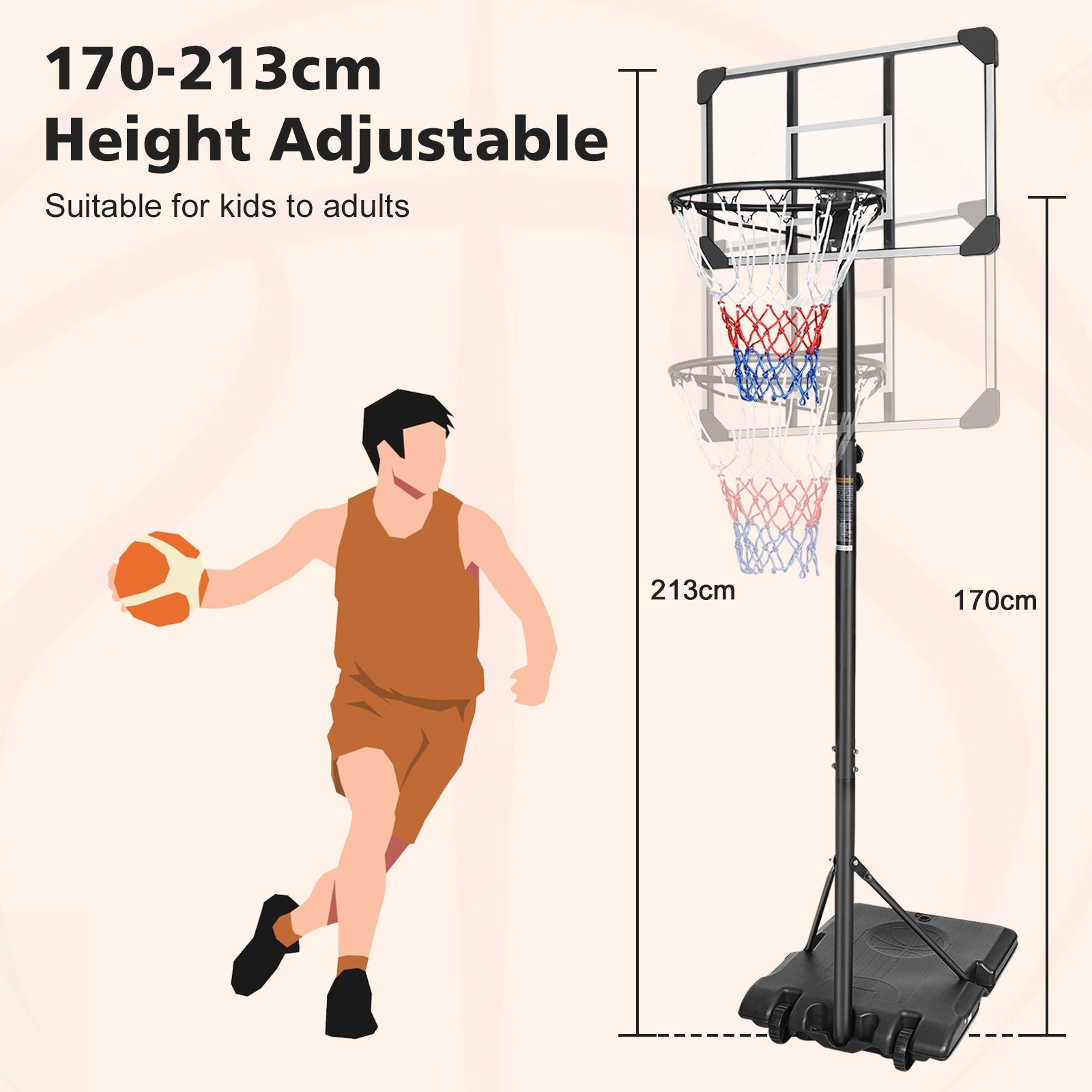 Portable Basketball Hoop, Adjustable Height for Kids & Adults, Shatterproof Backboard & Wheels