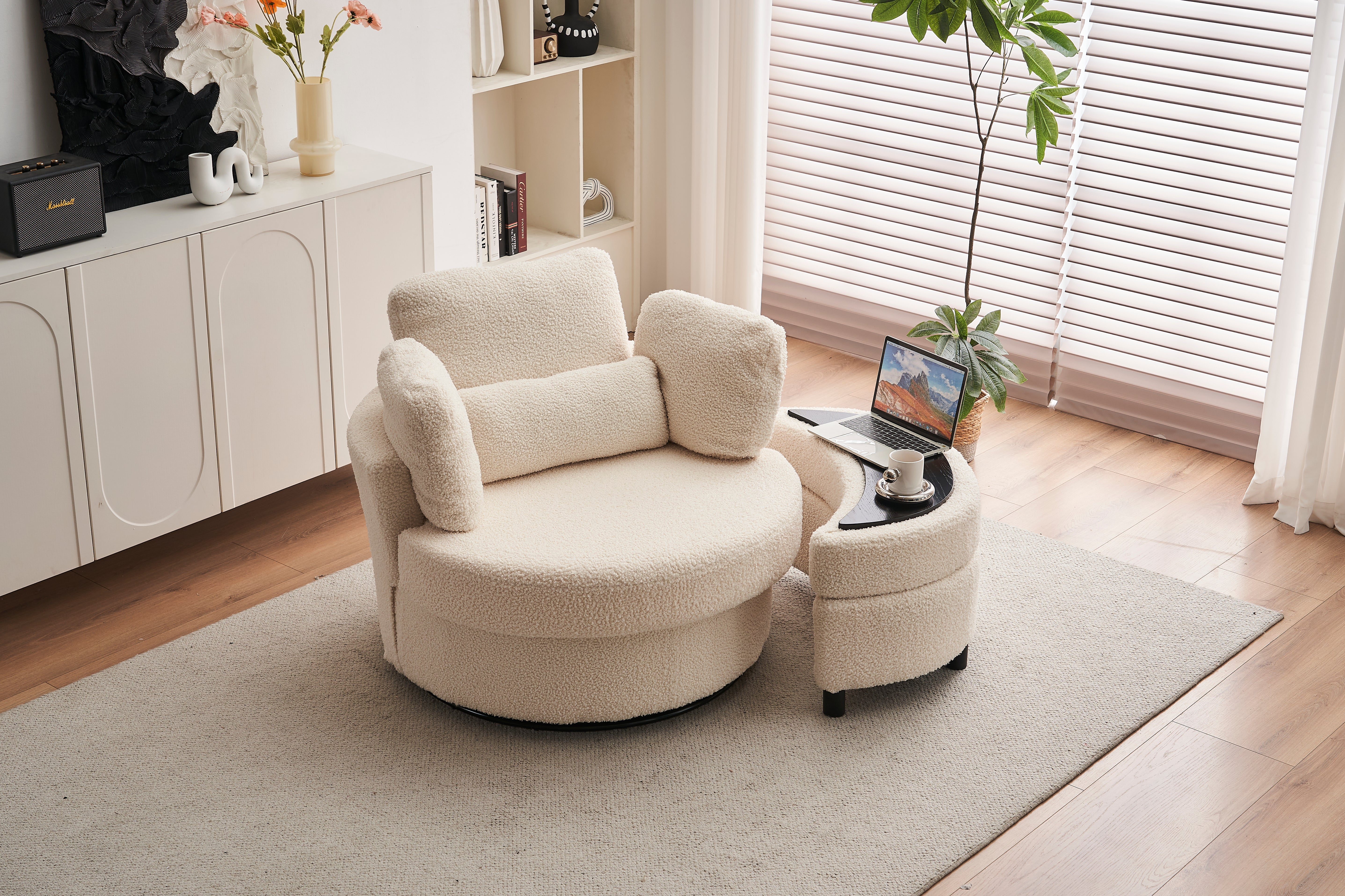 Teddy swivel armchair with 3 back cushion pillow ottoman crescent stool, White