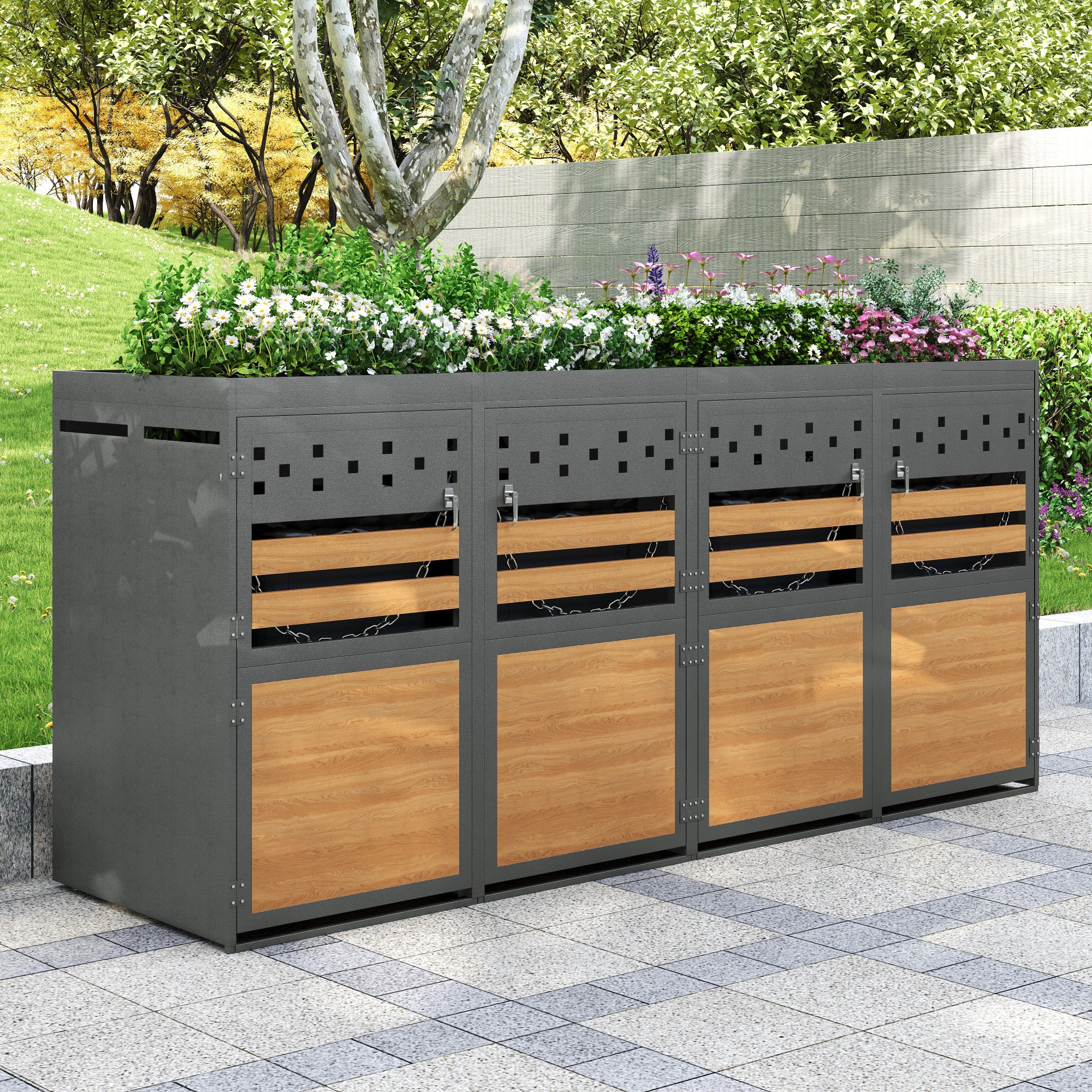 Garbage Can Storage Box, 4-Person with Planting Roof, 120-240L, Anthracite Wood-Look
