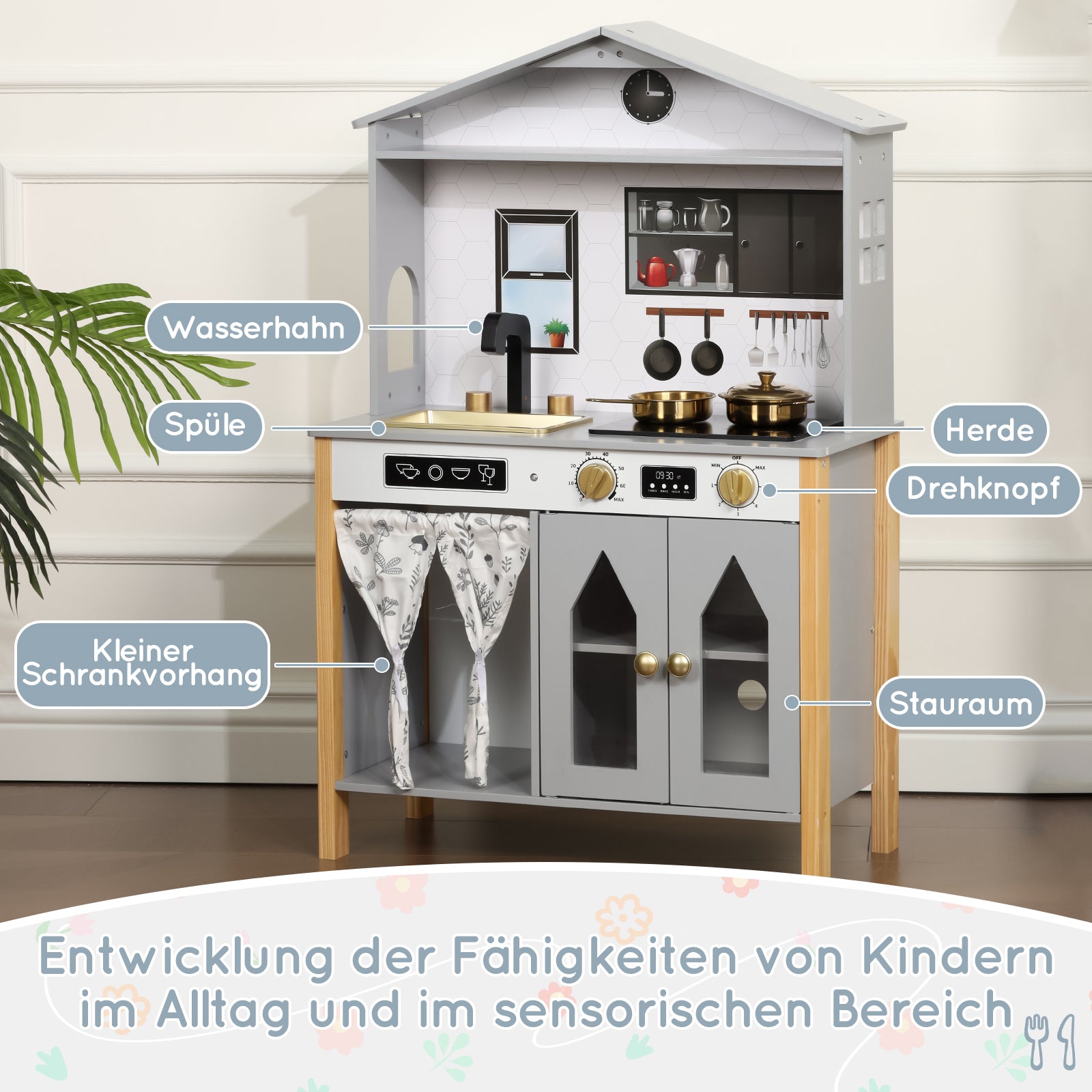 Children's Play Kitchen with Creative House Design and Accessories, Wood and Plastic, Grey